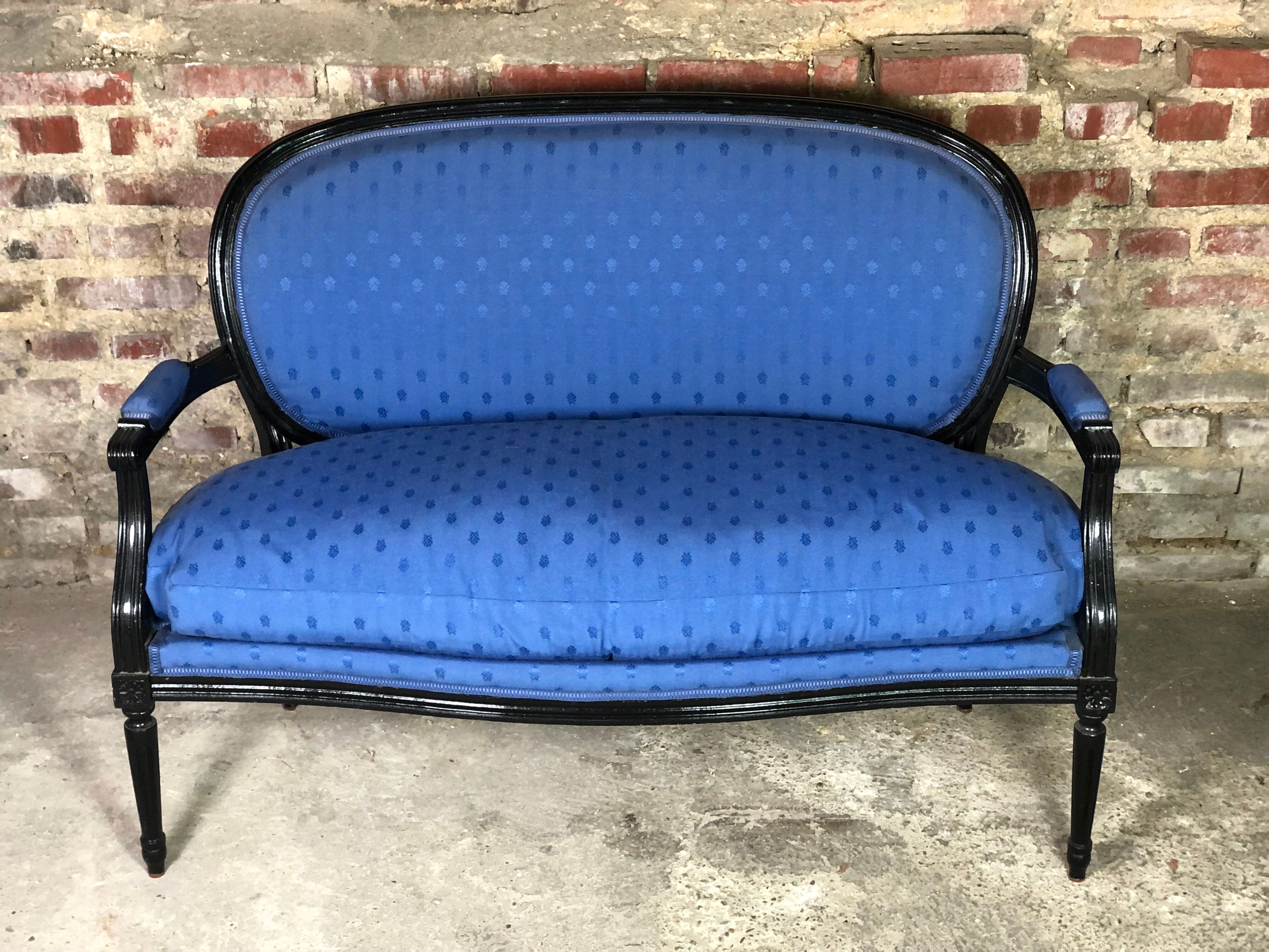 Louis XVI style bench in black wood and blue fabric