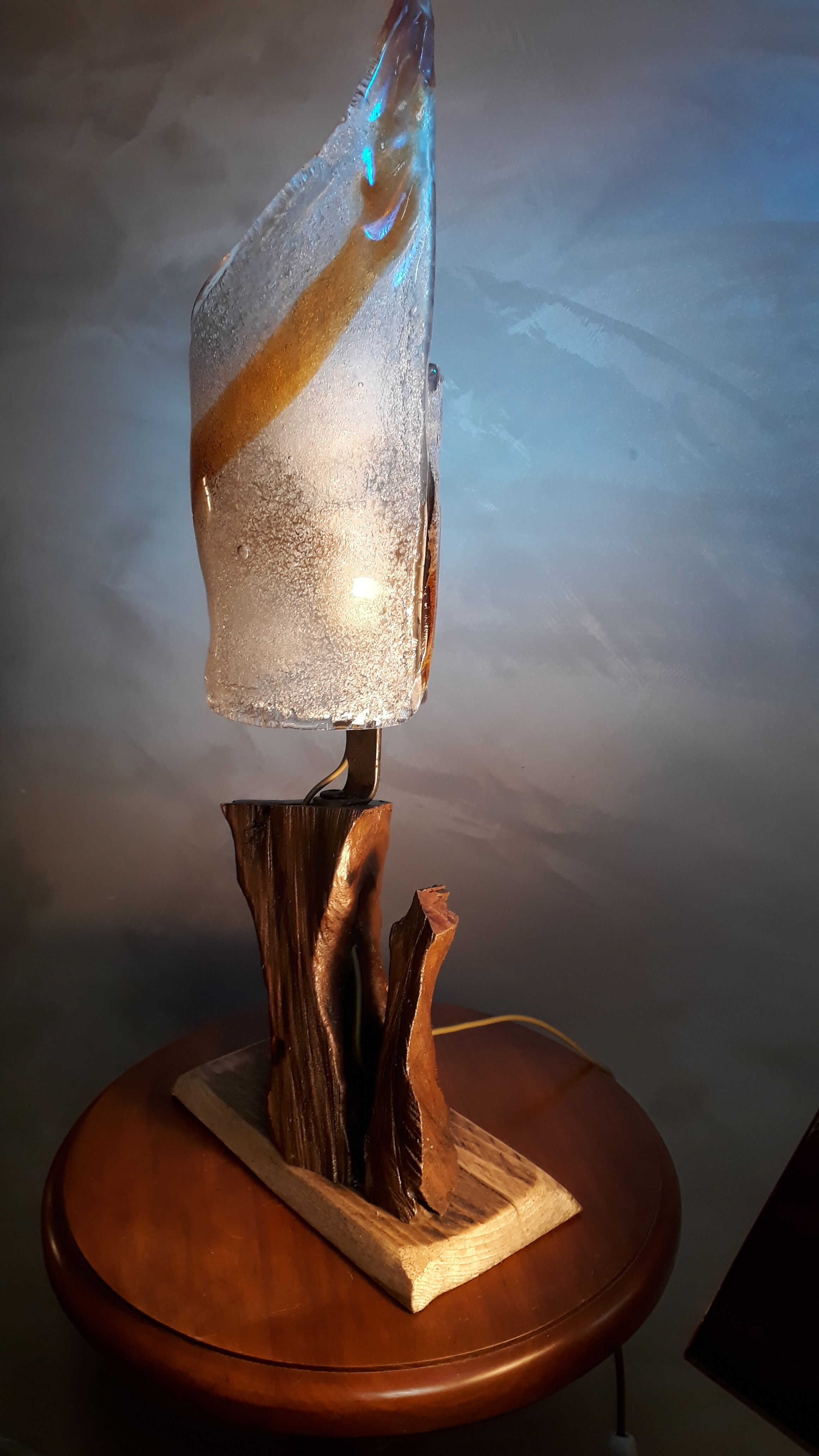 Murano glass lamp Italy 1970 foot root exotic wood