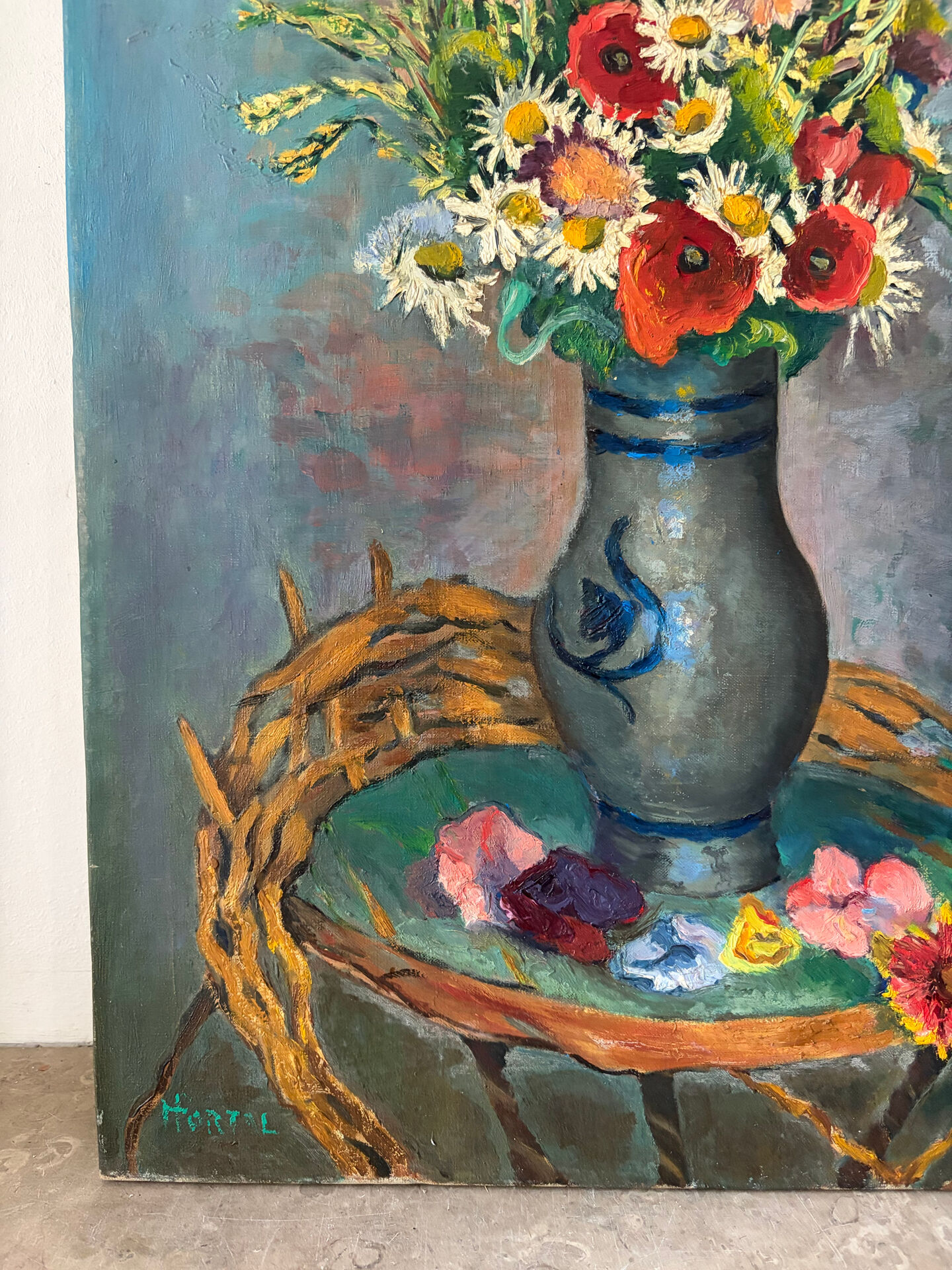 Bouquet of flowers with poppies, oil on canvas signed