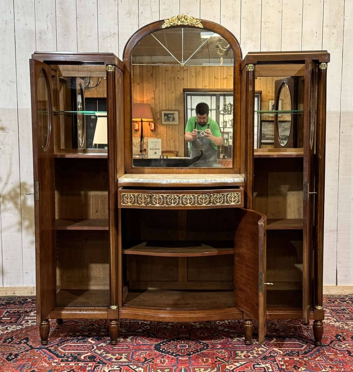 Art Deco buffet in mahogany, oak, and marble top.