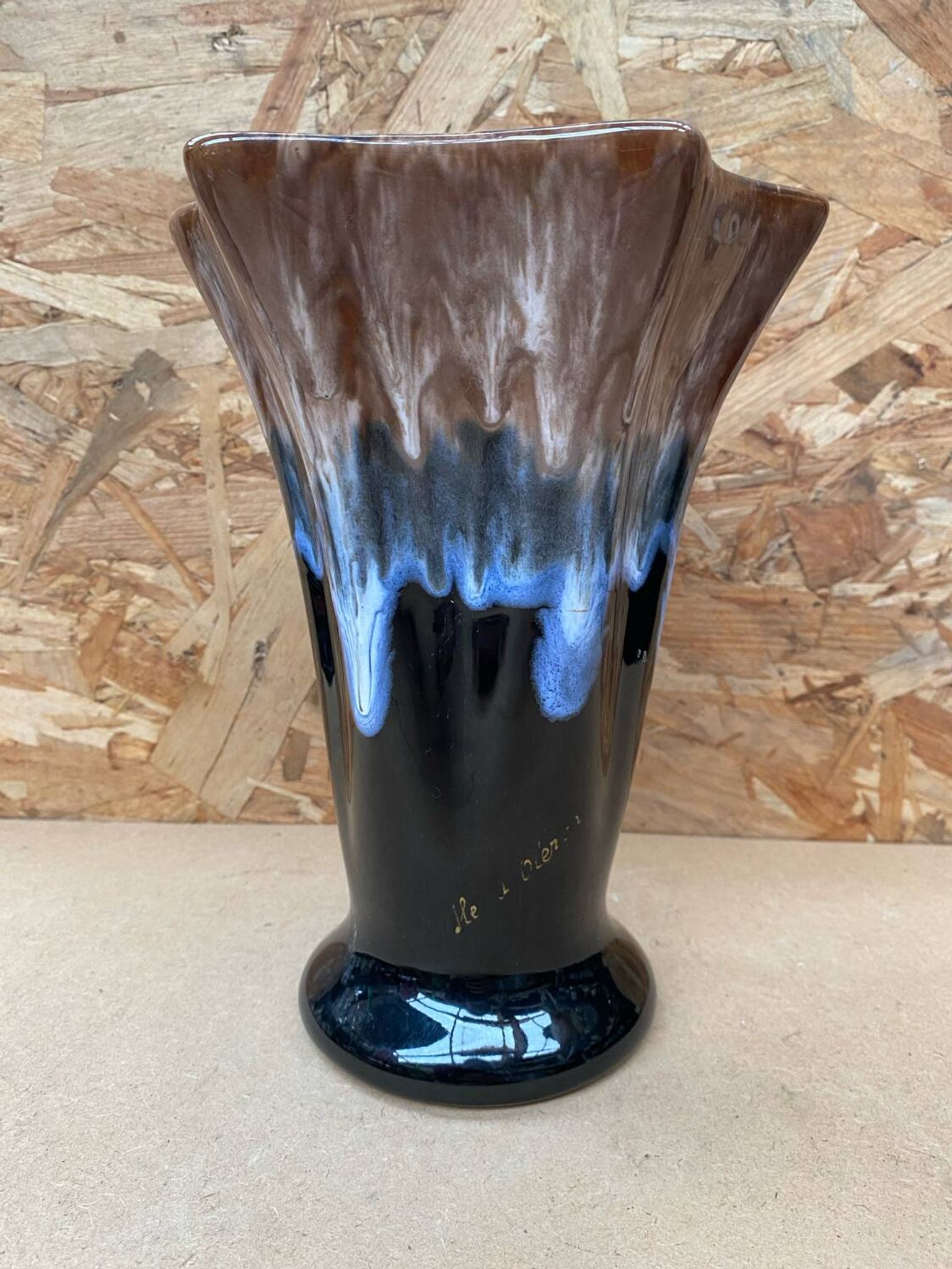 Antique Vallauris Style Ceramic Vase Black Blue Beige Vintage