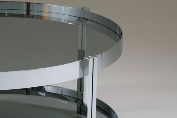Table basse ronde en métal chromé et plateaux en verre fumé, France 1970s