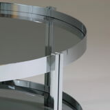Round chrome-plated metal coffee table and smoked glass tops, France 1970s