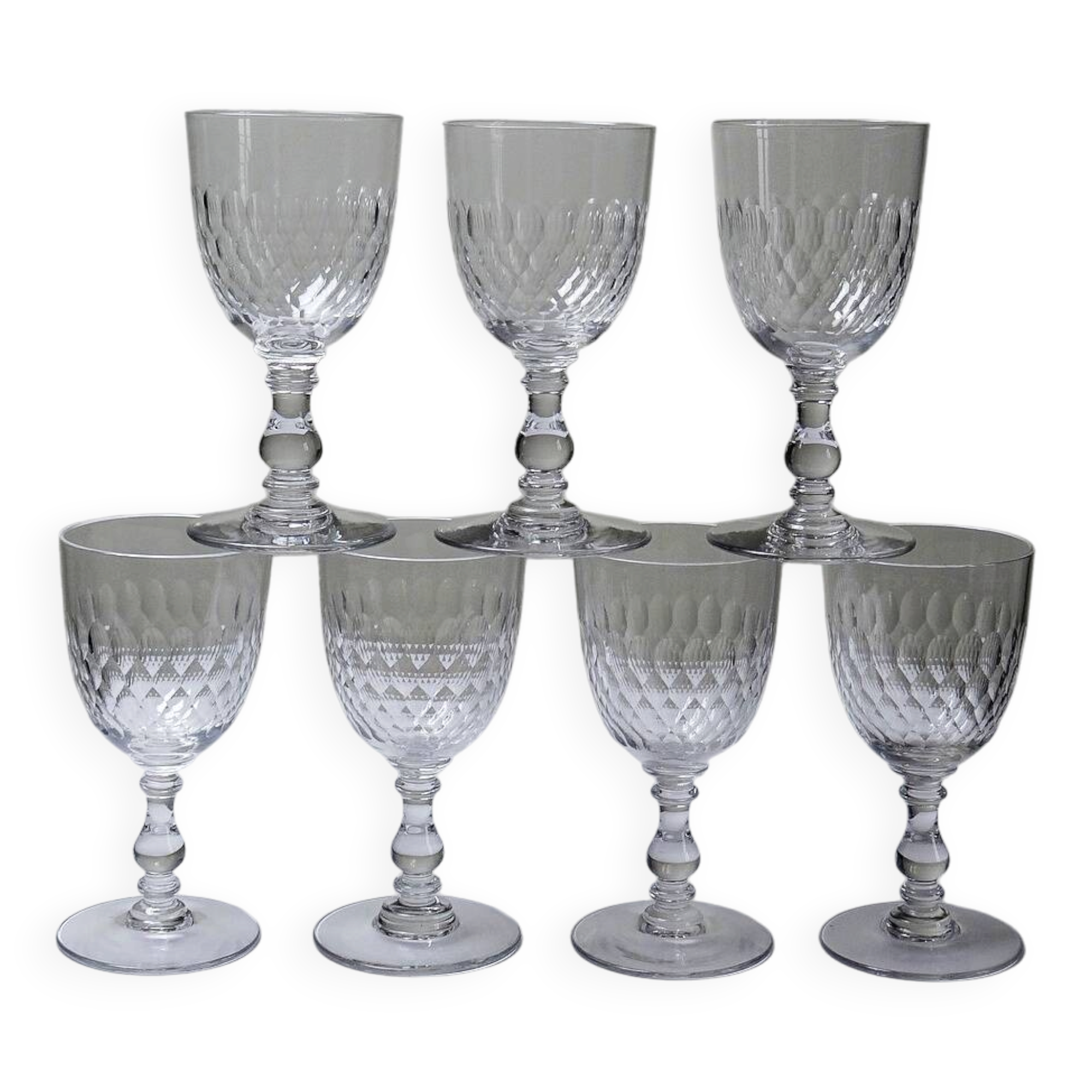 Set of 7 cut crystal port glasses by Baccarat, Richelieu variant.