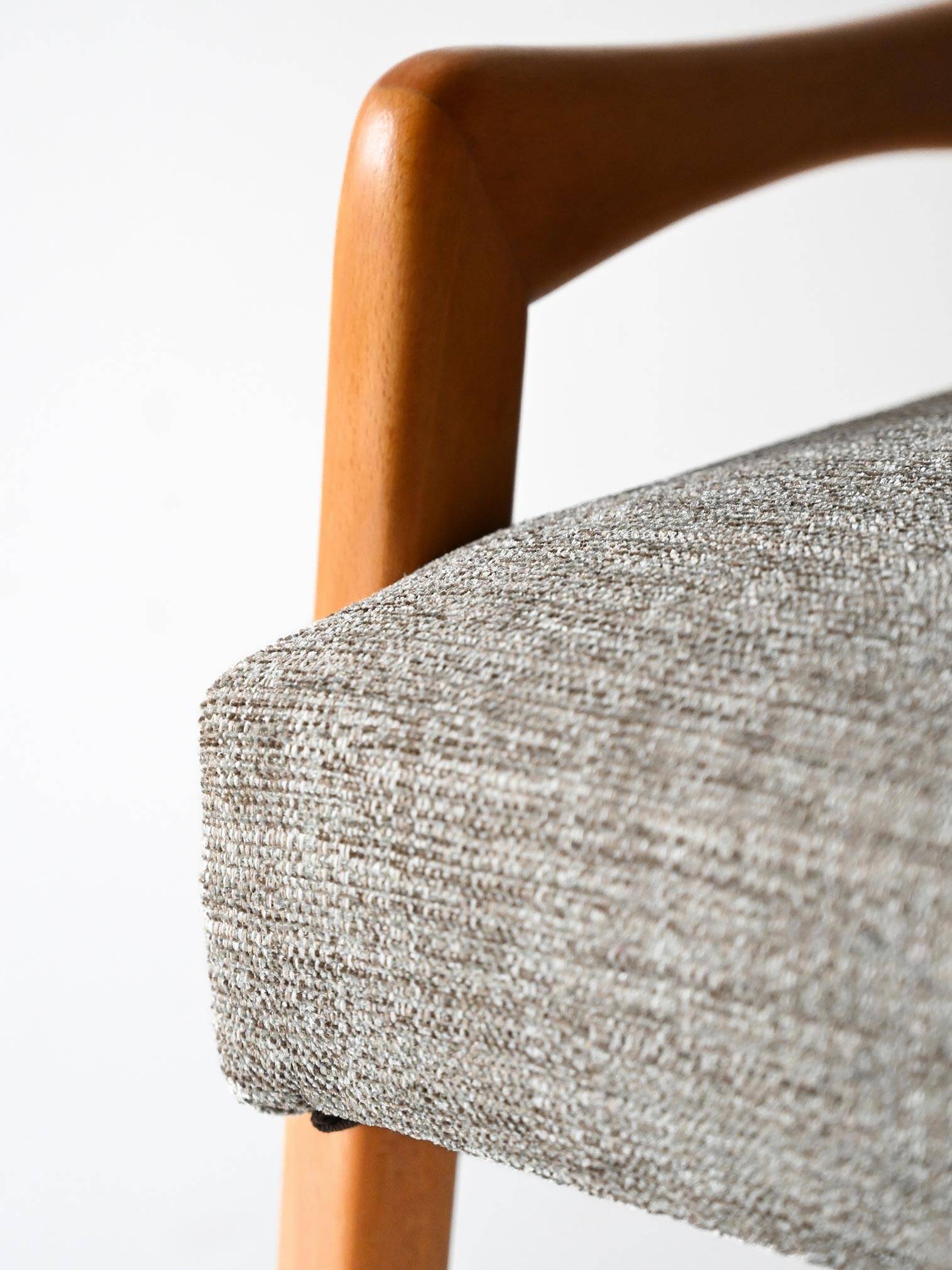 Vintage Scandinavian oak footstool with grey upholstery