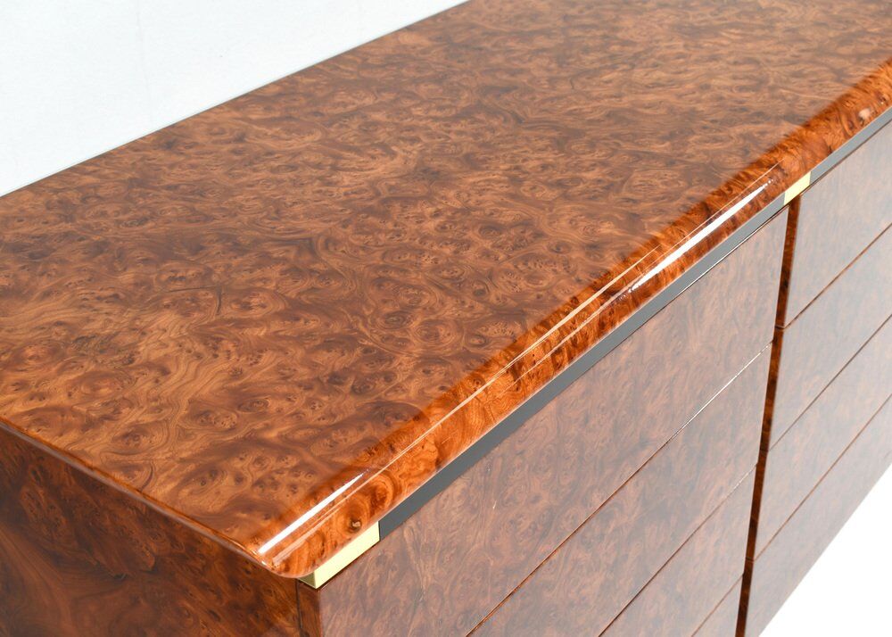 Italian drawer credenza in high gloss burl and brass, Italy, 1970s