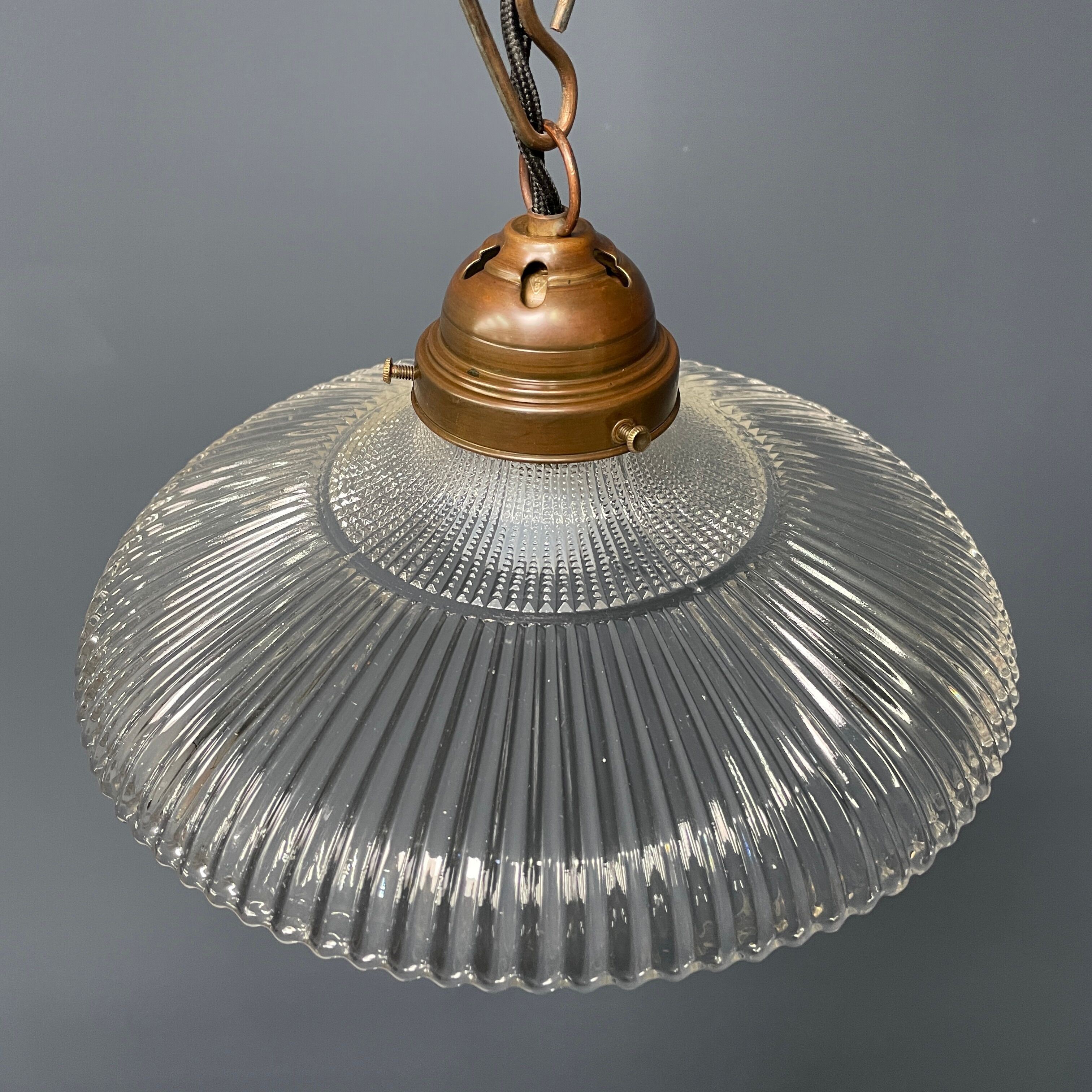 Glass holophane hangingor pendant lamp with brass gallery
