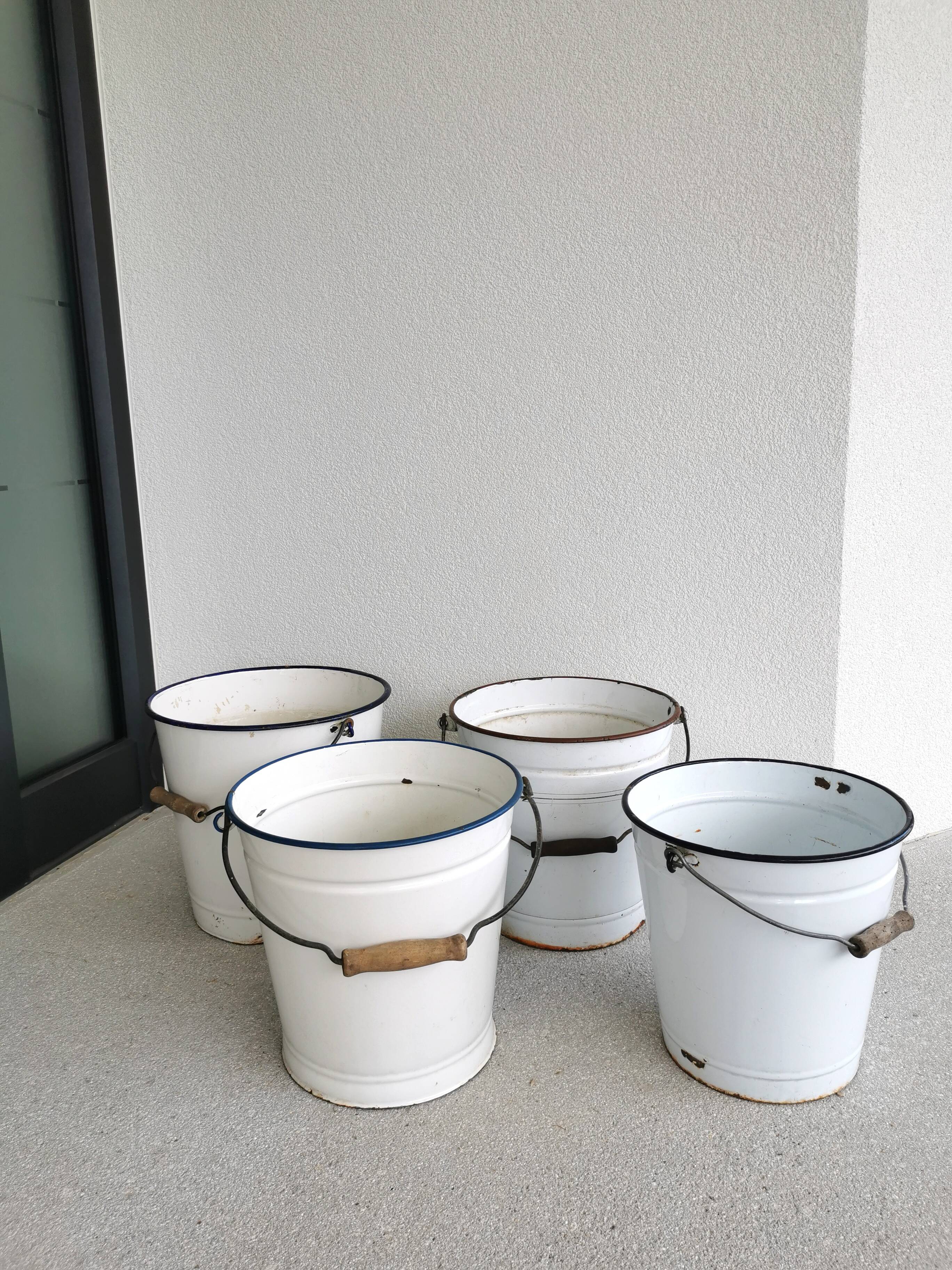Set of 4 Vintage White Enamel Bucket Planter: 1970s EMO Celje Yugoslavia