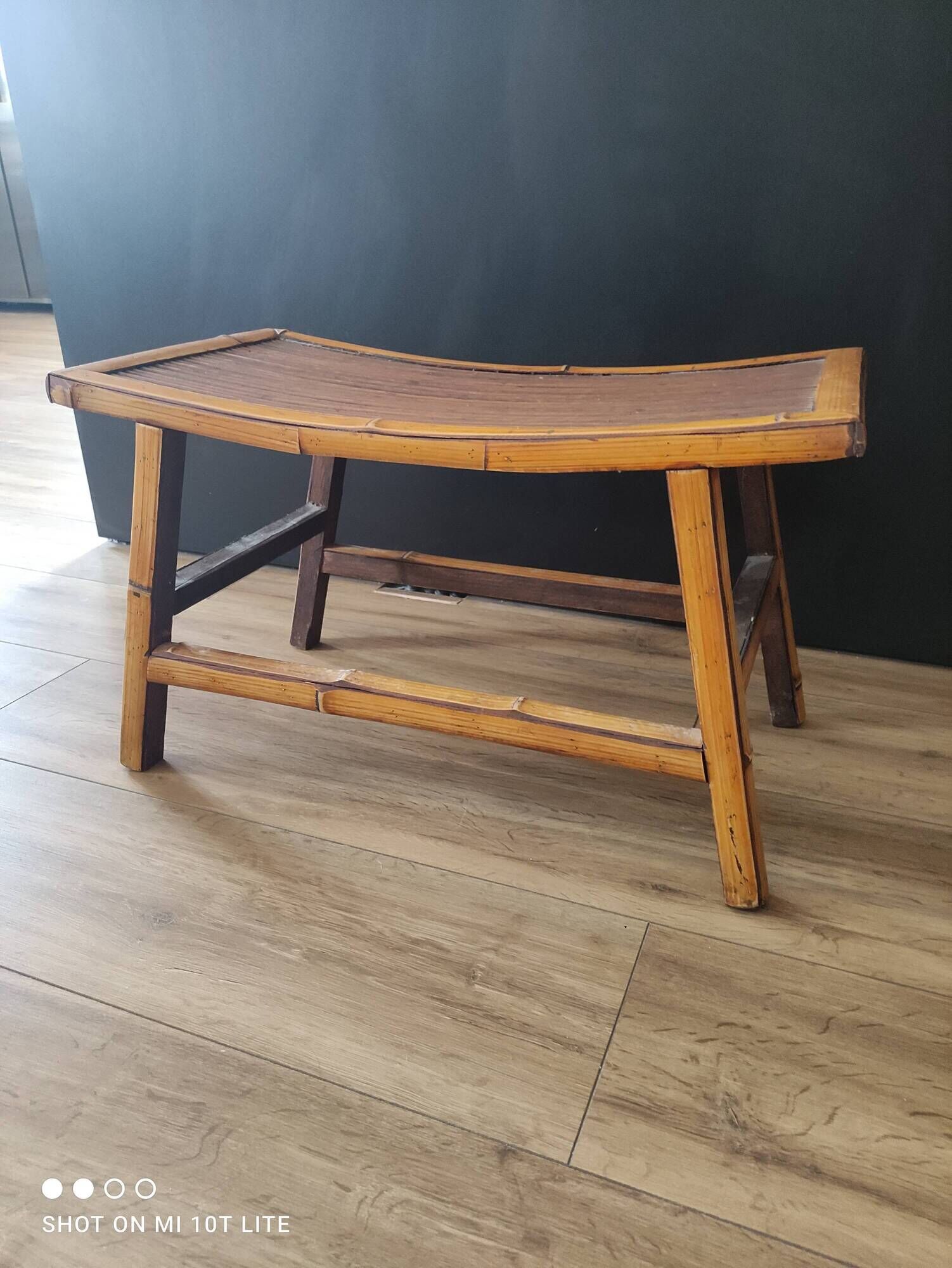 Vintage Asian stool or footrest in honey bamboo and brown rattan
