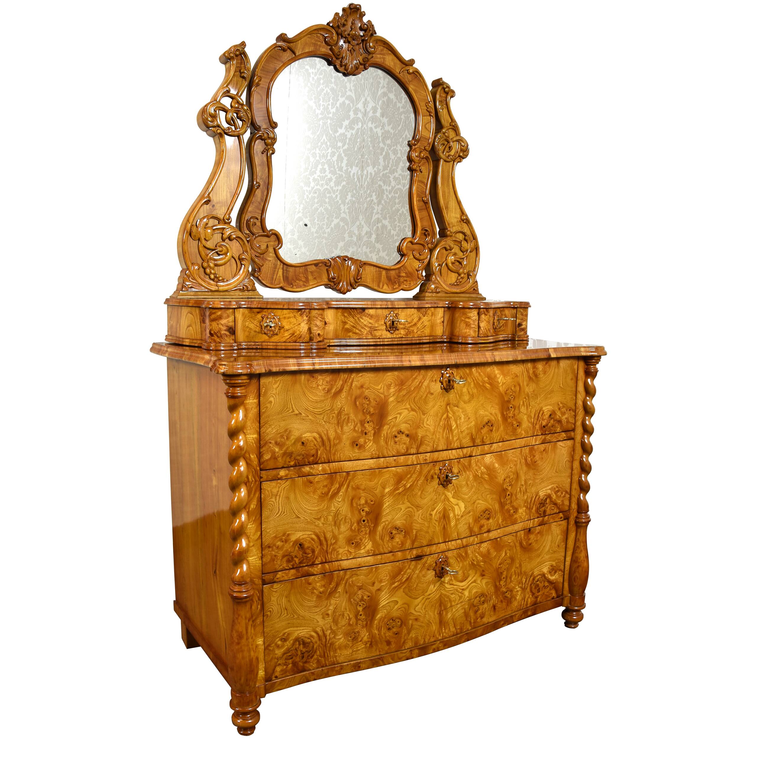 Commode coiffeuse Louis-Philippe en loupe d'orme et frêne - env. 1840-1860
