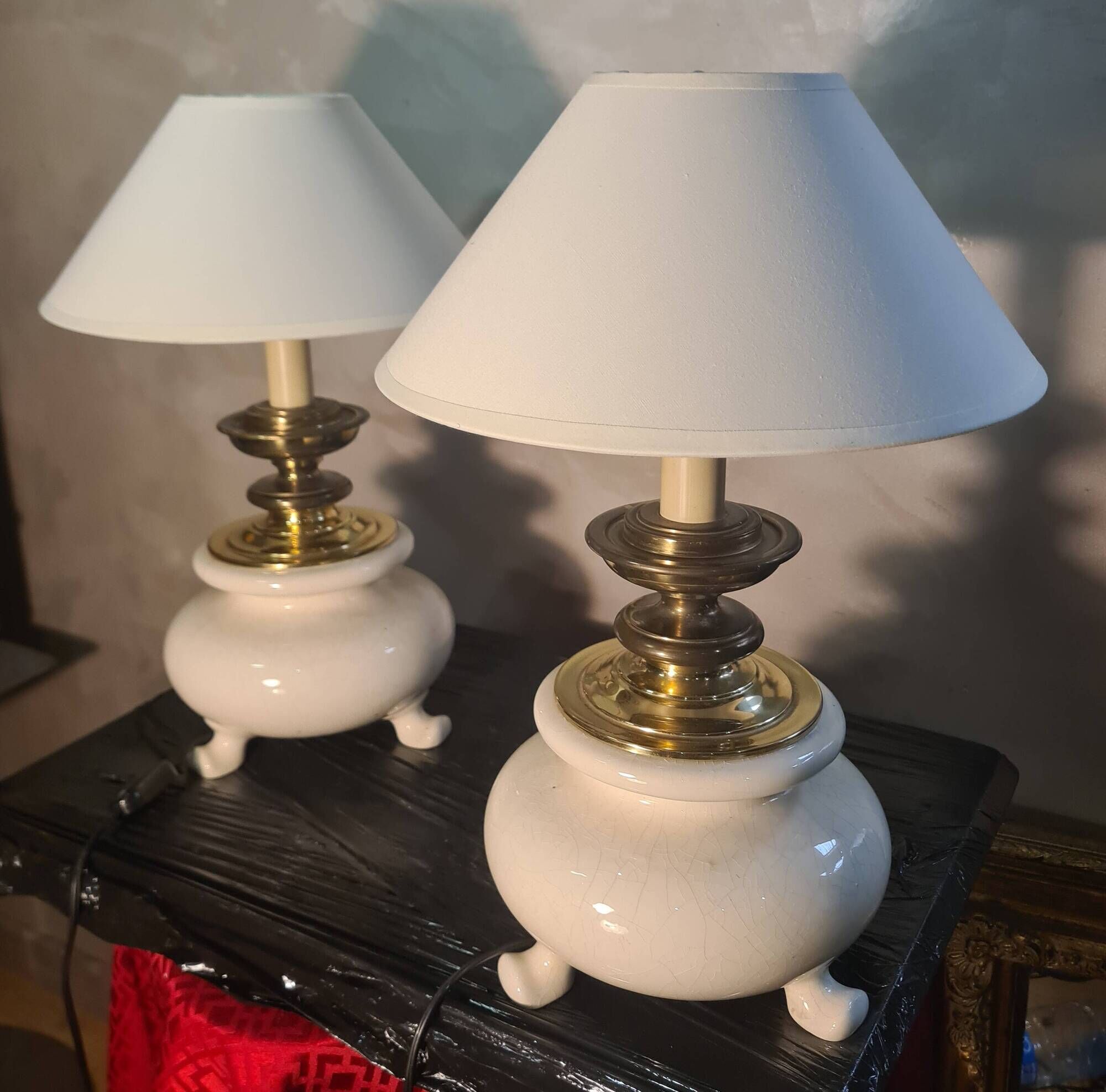 pair of table or bedside lamps in white ceramic with brass tripod 45x3