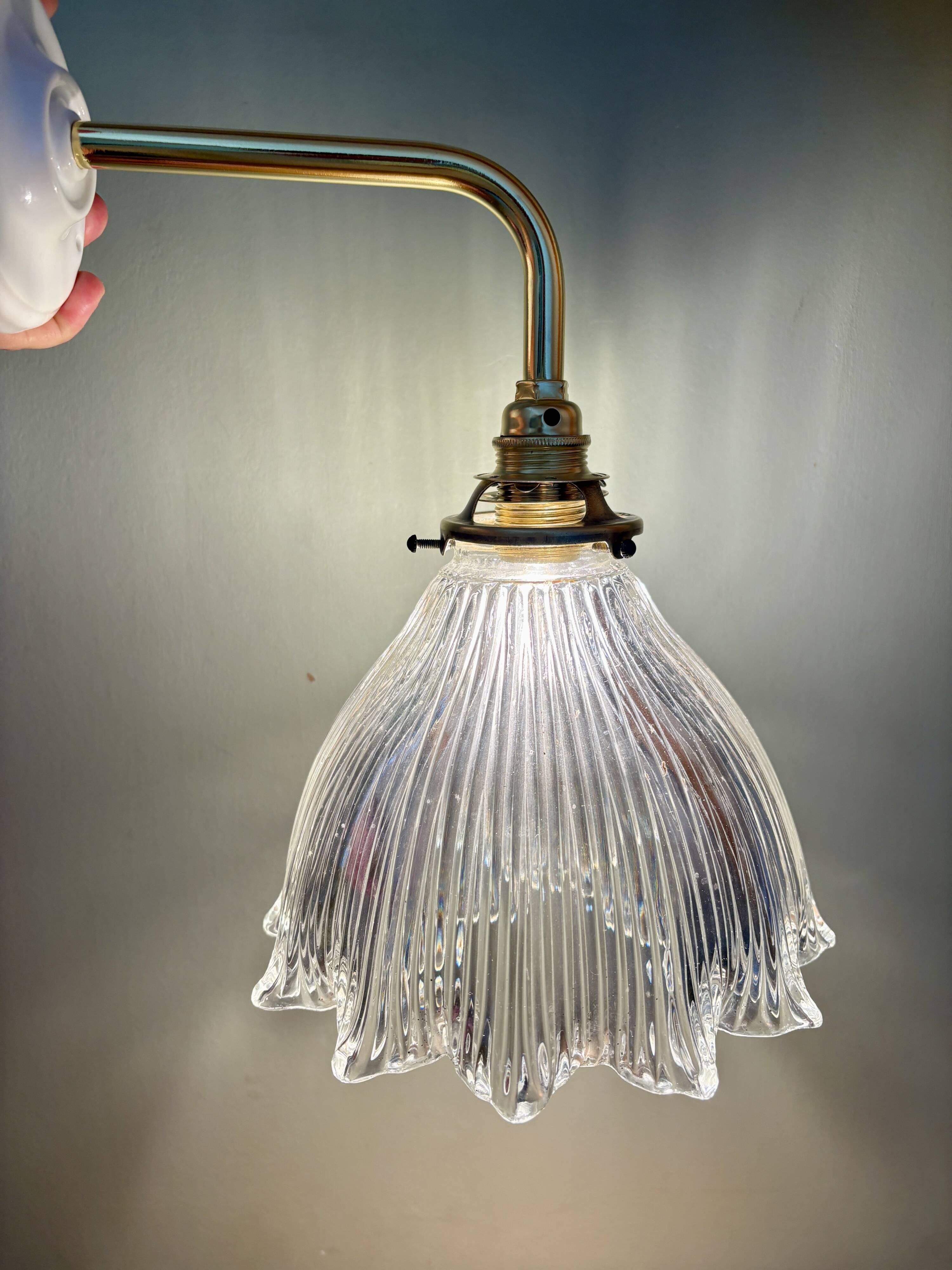 Elbow wall lamp with vintage holophane glass shade
