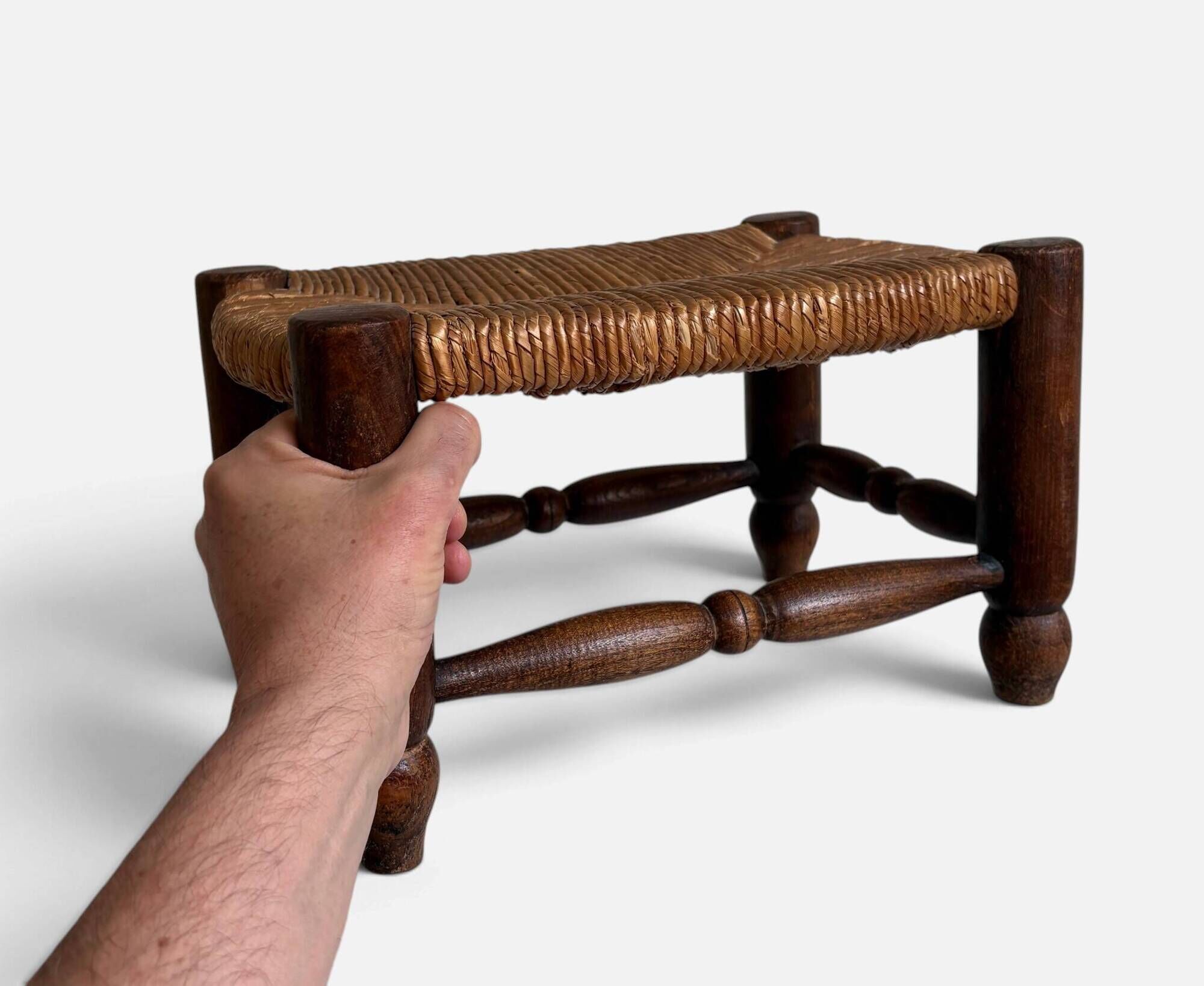 Rustic French Low Footstool in Turned Wood and Rush, Early 20th Century
