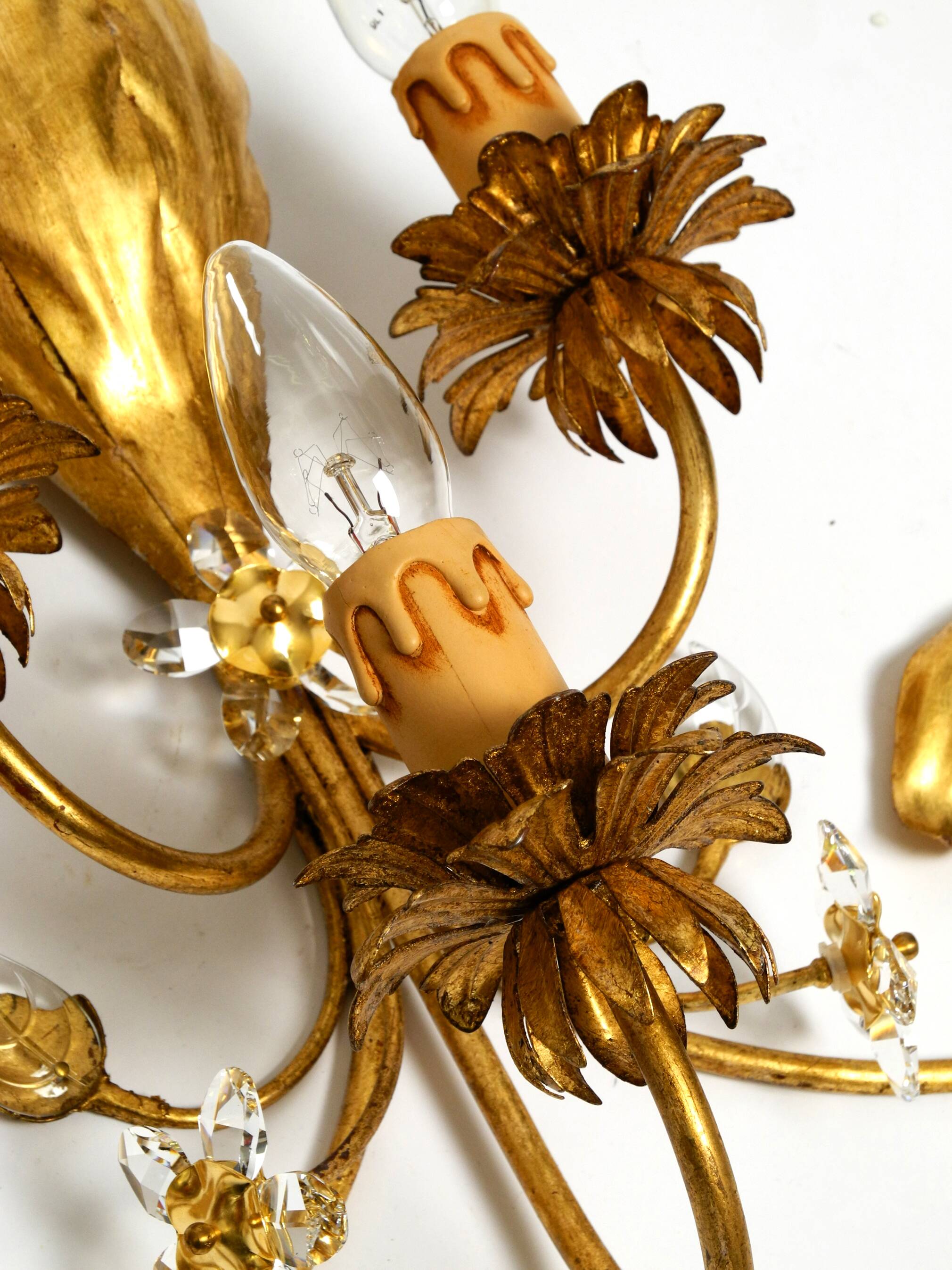 Pair of gold plated Italian 1980's floral Regency Murano glass sconces