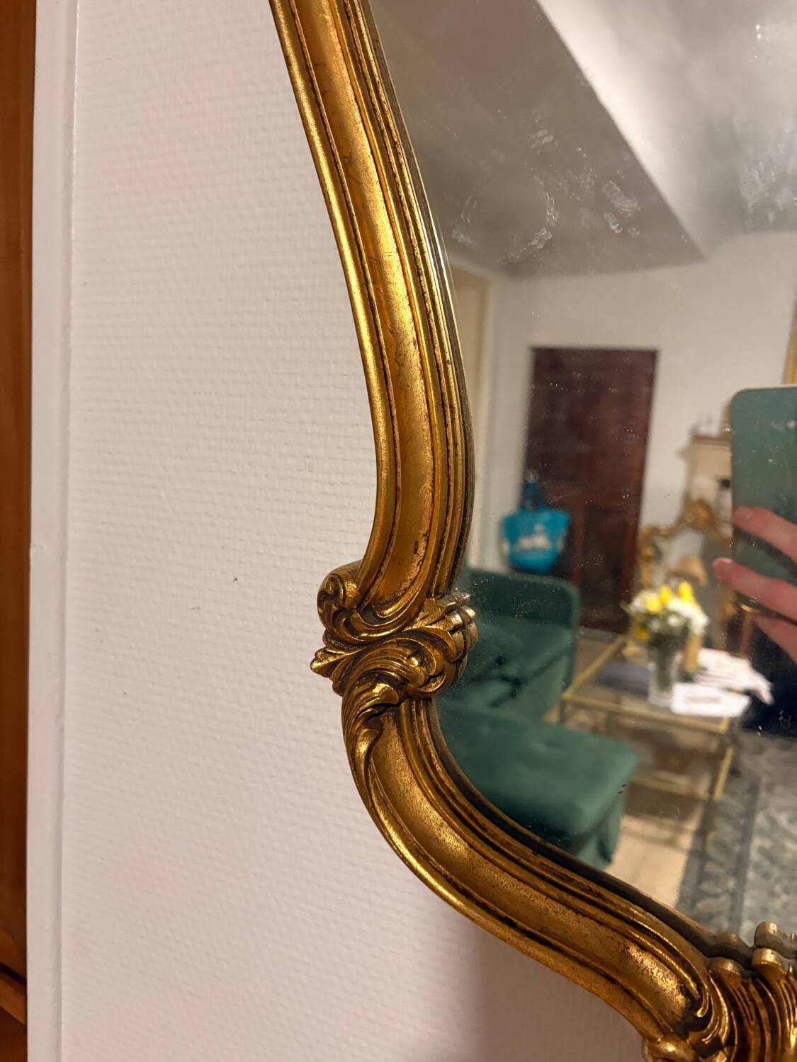 Antique Oval Wall Mirror Gold Leaf Wood Louis XV Style Pediment