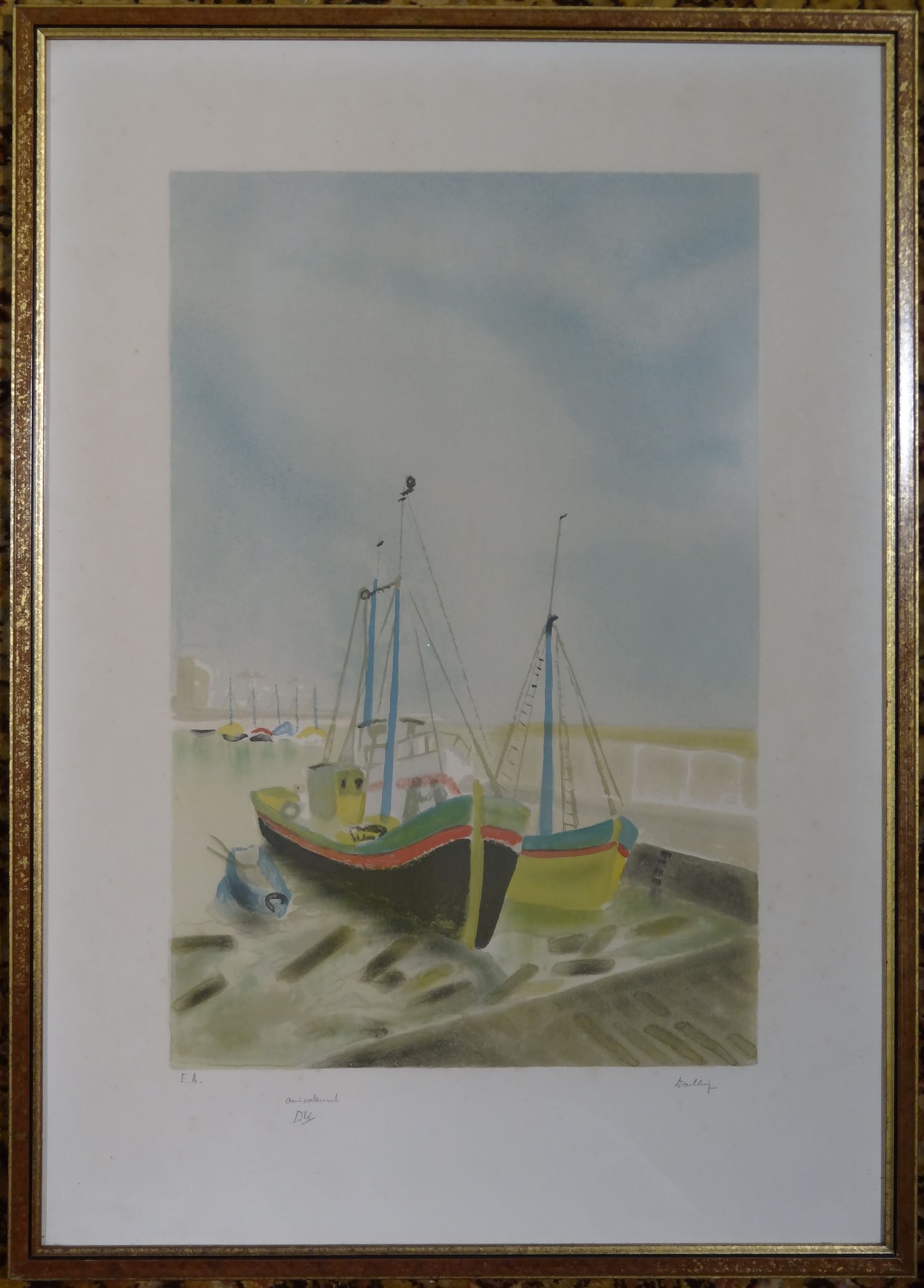 Lithograph sailboats in port 57 x 79 cm