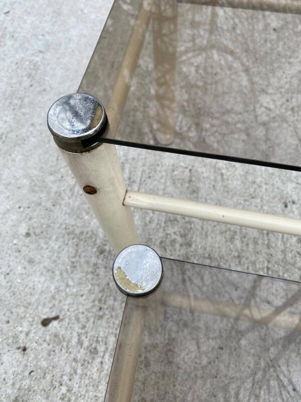 2 tables basses gigognes industrielles beige en verre Yves Boutboul 1970