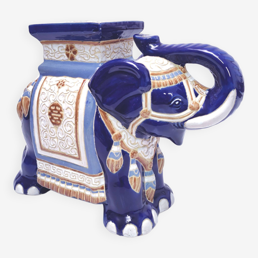 Grand éléphant céramique porte-plante bleu | Selency