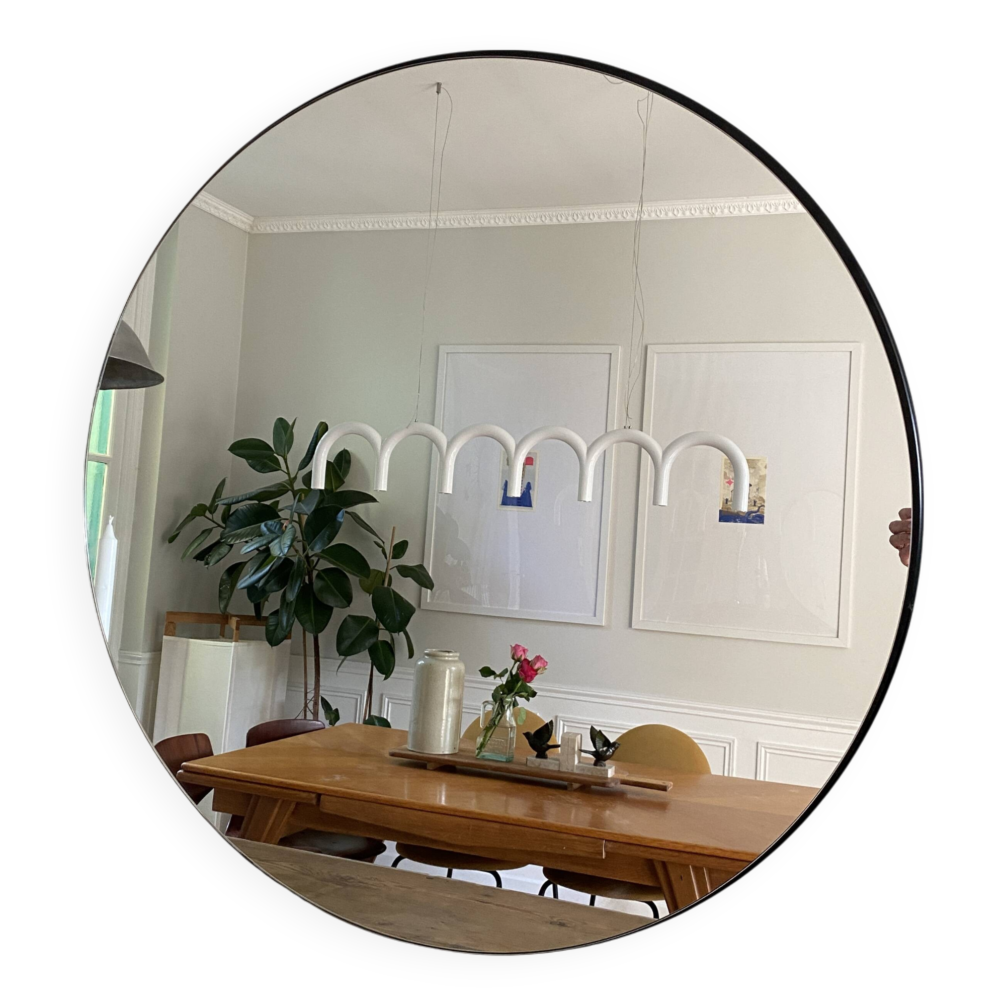 Round mirror, diameter 90 cm, mounted on MDF panel, black tinted frame