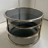 Milo Baughman vintage round coffee table with chrome swivel tops and smoked glass