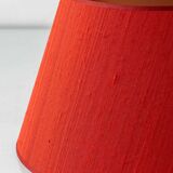 Pair of Royal Delft blue and white ceramic table lamps with new vermilion silk shades.