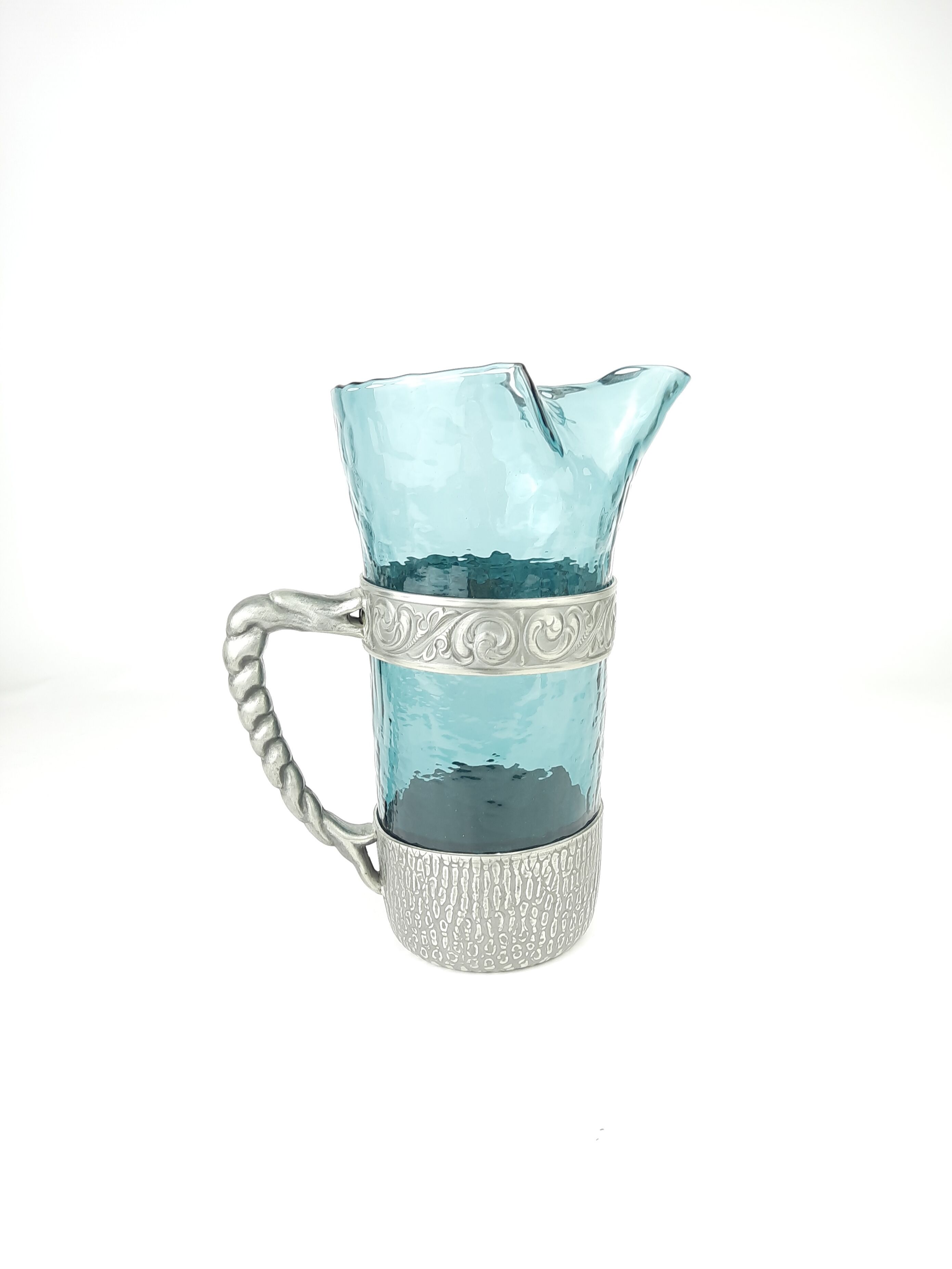 Hadeland Glass pitcher by Willy Johansson, pewter holder, vintage