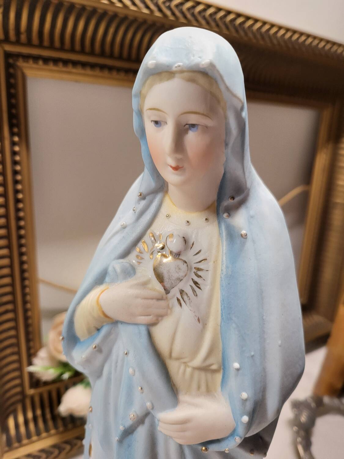 Antique Religious Biscuit Statuette Virgin Mary Sacred Heart