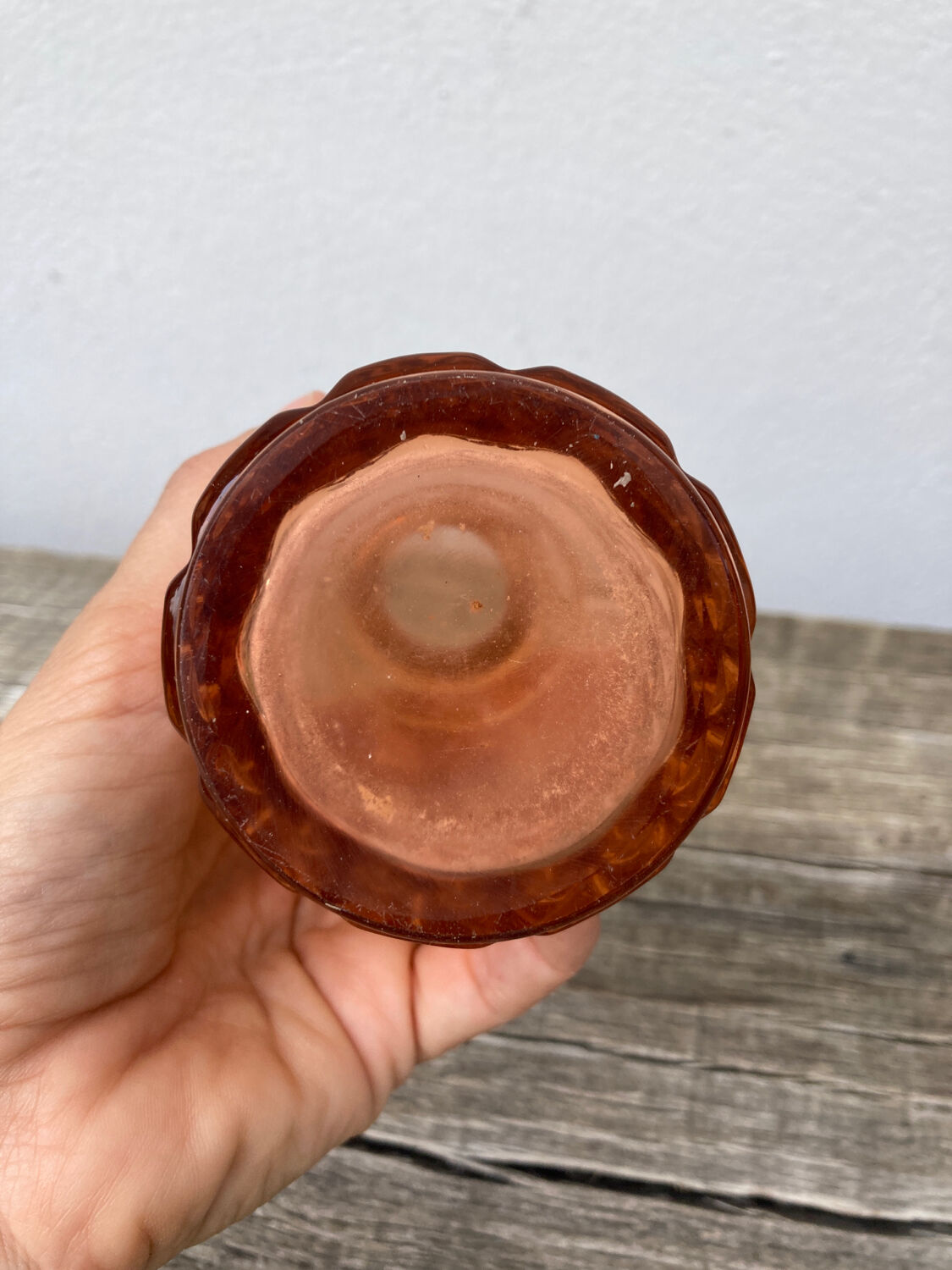 Art Deco perfume bottle in old amber pink glass