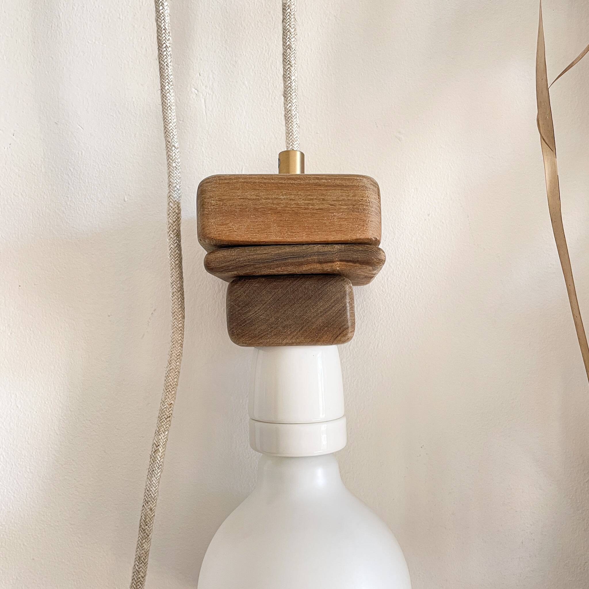 Wooden portable lamp with linen cable
