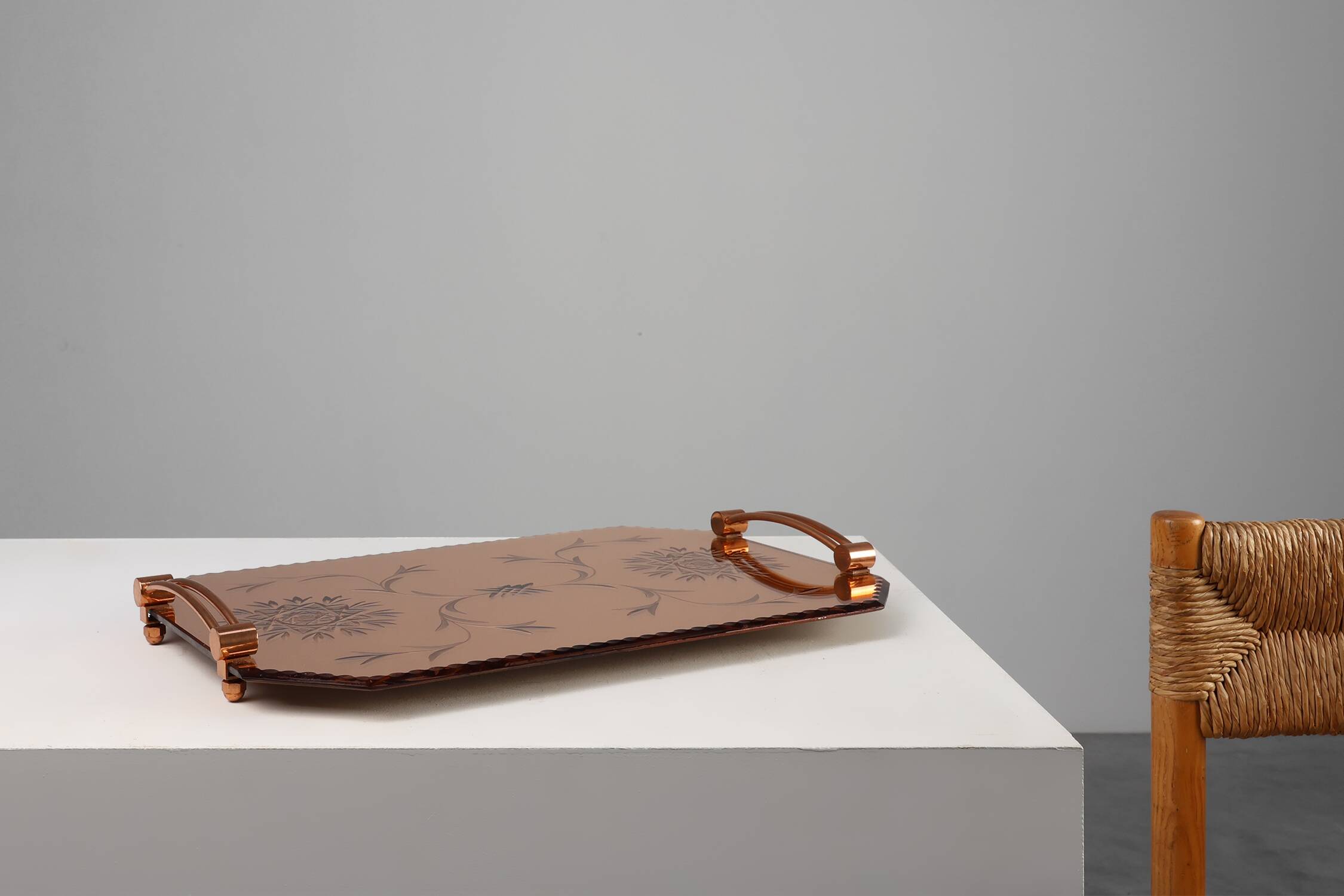 Art Deco Mirrored Glass and Copper Tray, Belgium ca. 1920