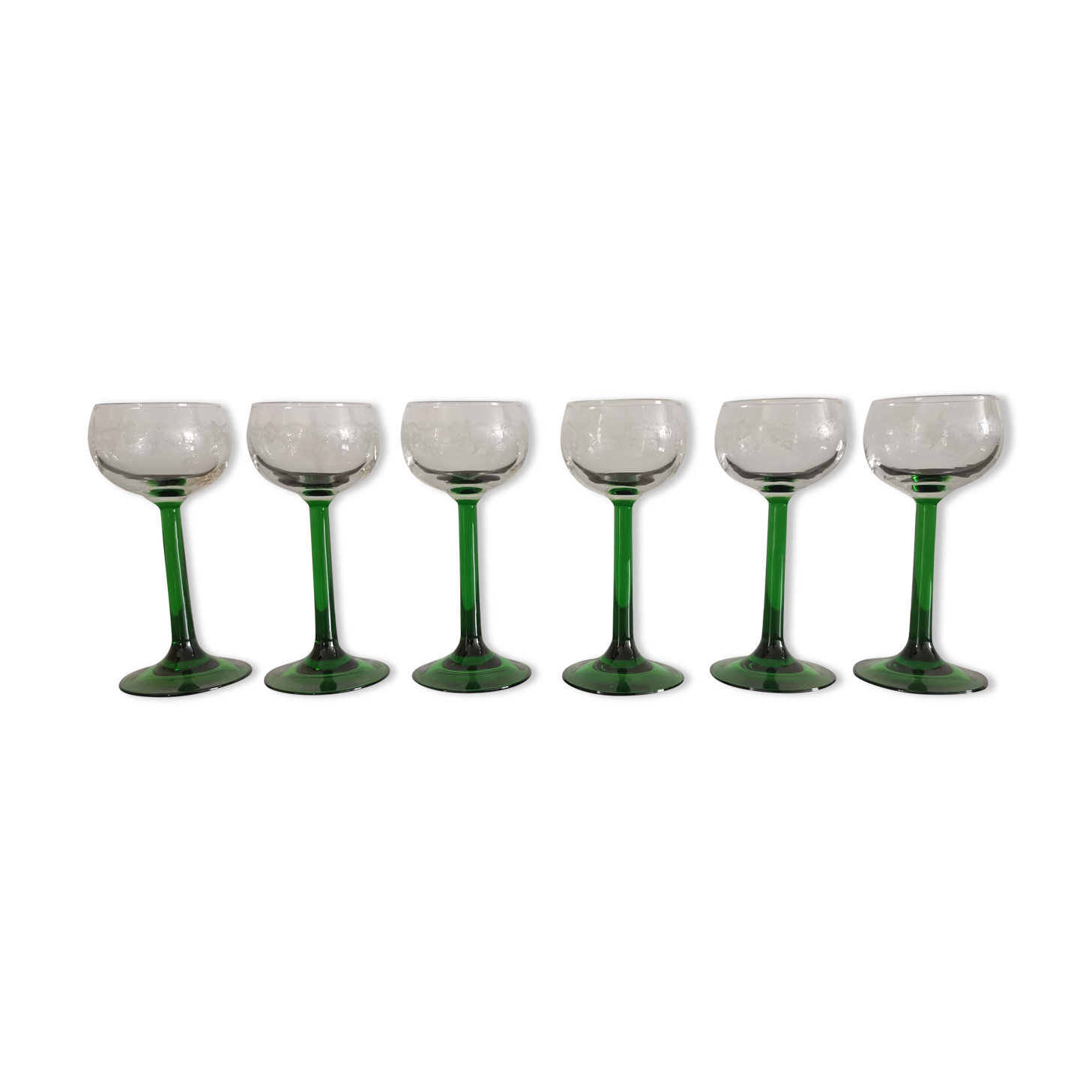 Vintage Alsace wine glasses with green feet decorations Bunches of Grapes and Vines HJ