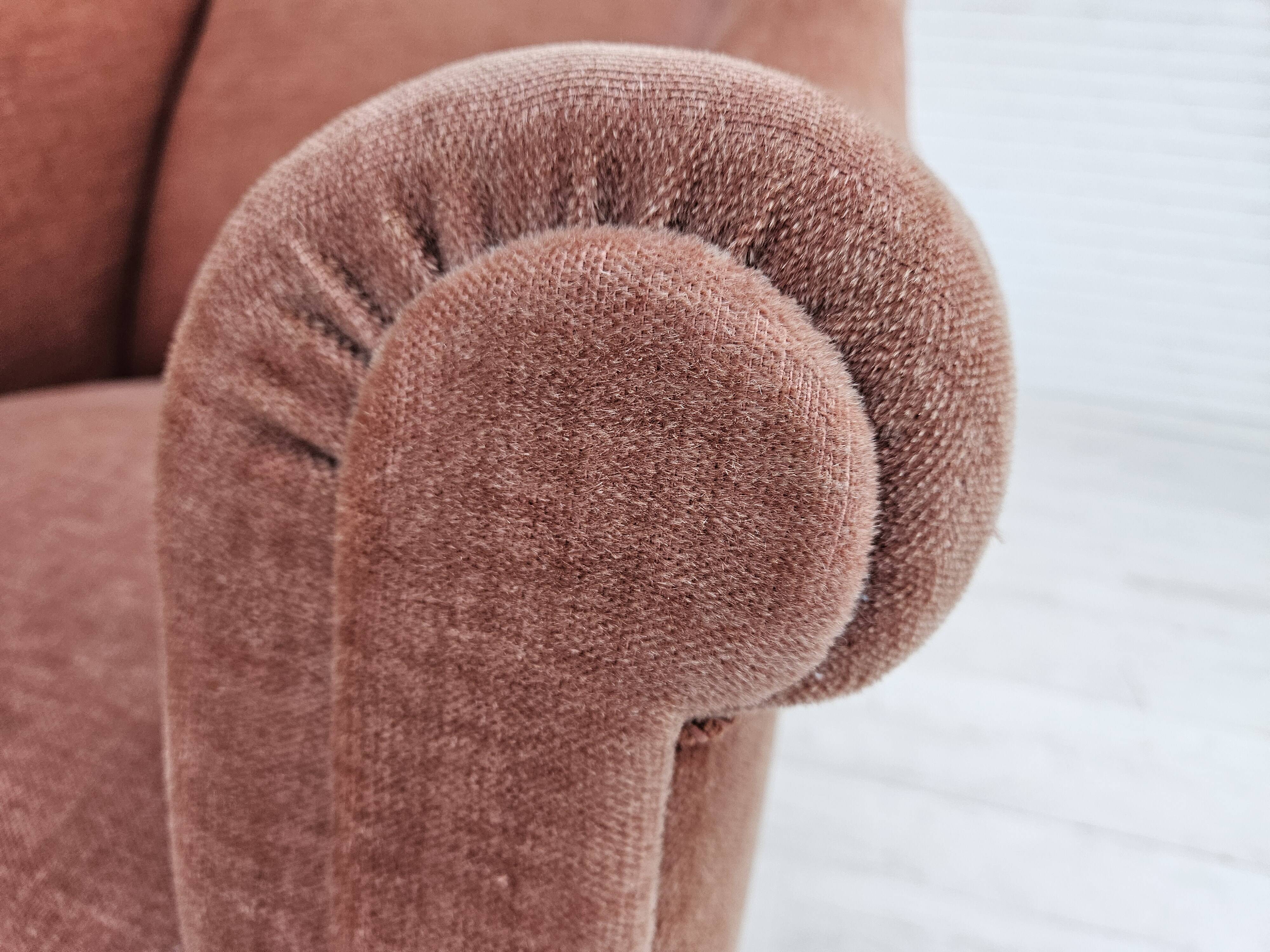 1960s, Danish armchair, salmon pink furniture velour, ash wood legs.