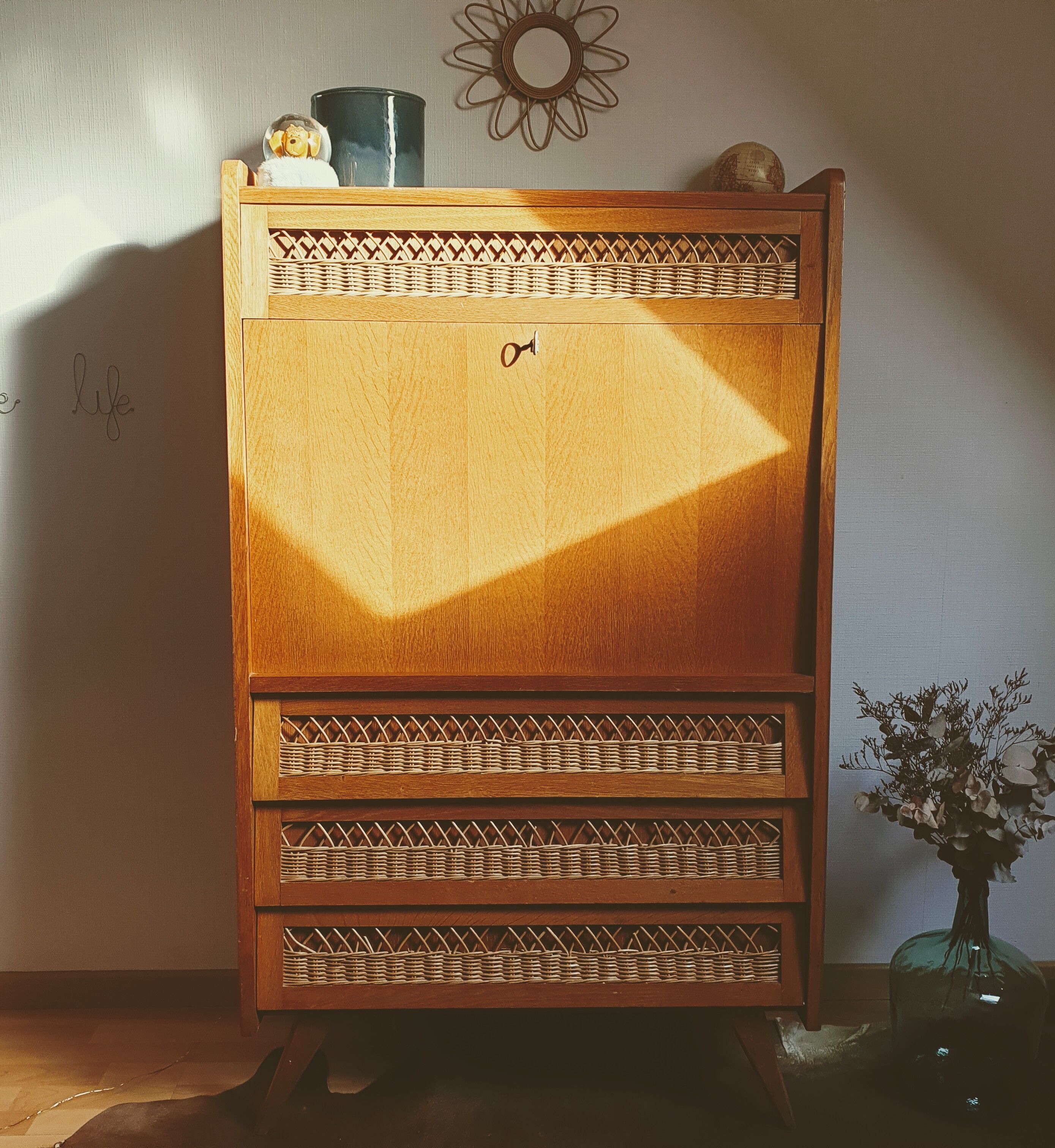 Vintage secretary rattan chest of drawers