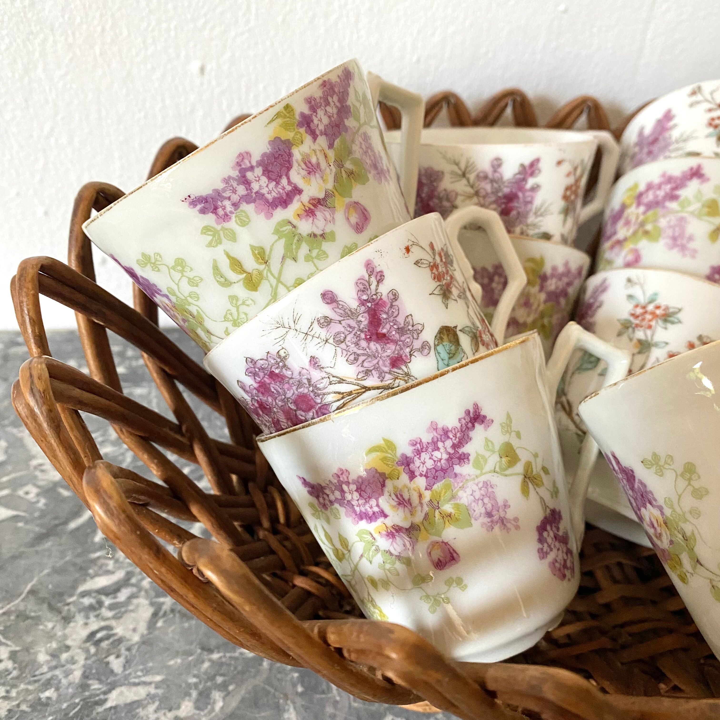 Antique flowered porcelain cups mismatched