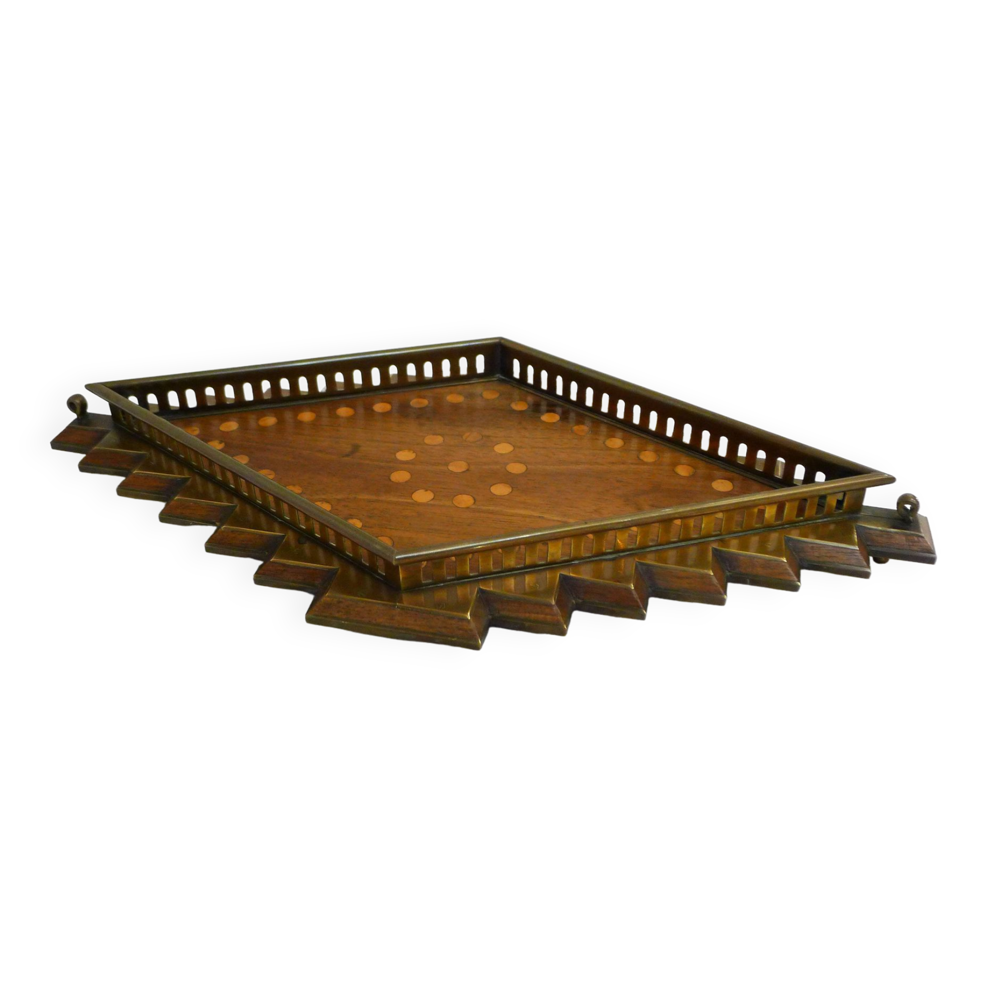 Diamond-shaped wood and brass tray