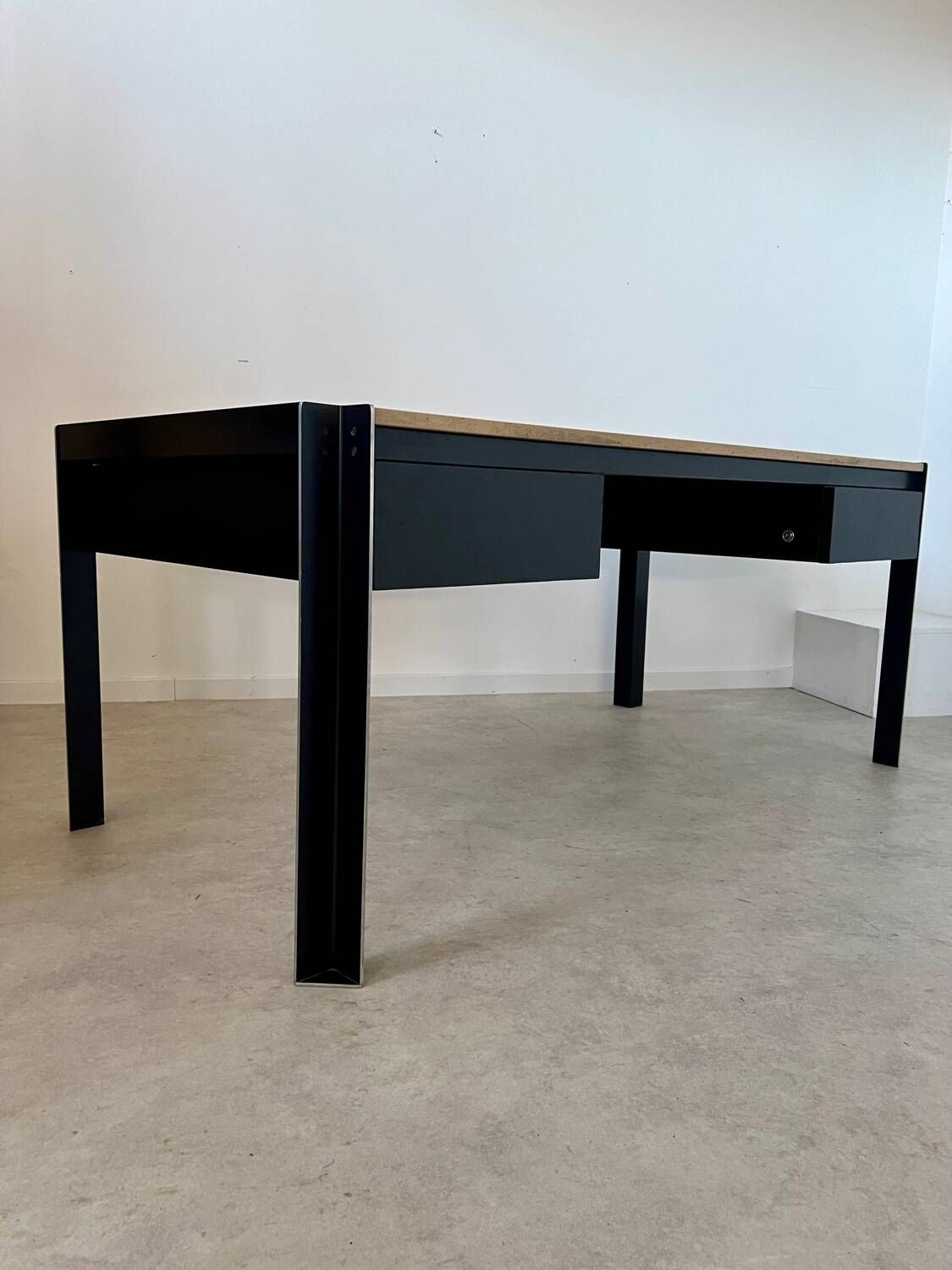 Italian design postmodern desk in metal and vintage 80s travertine top