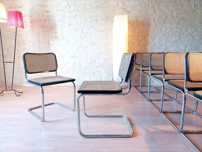 Pair of B32 Cesca chairs by Marcel Breuer, designed in 1987, stamped