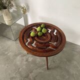 Table basse années 60 tripode bois ciselé