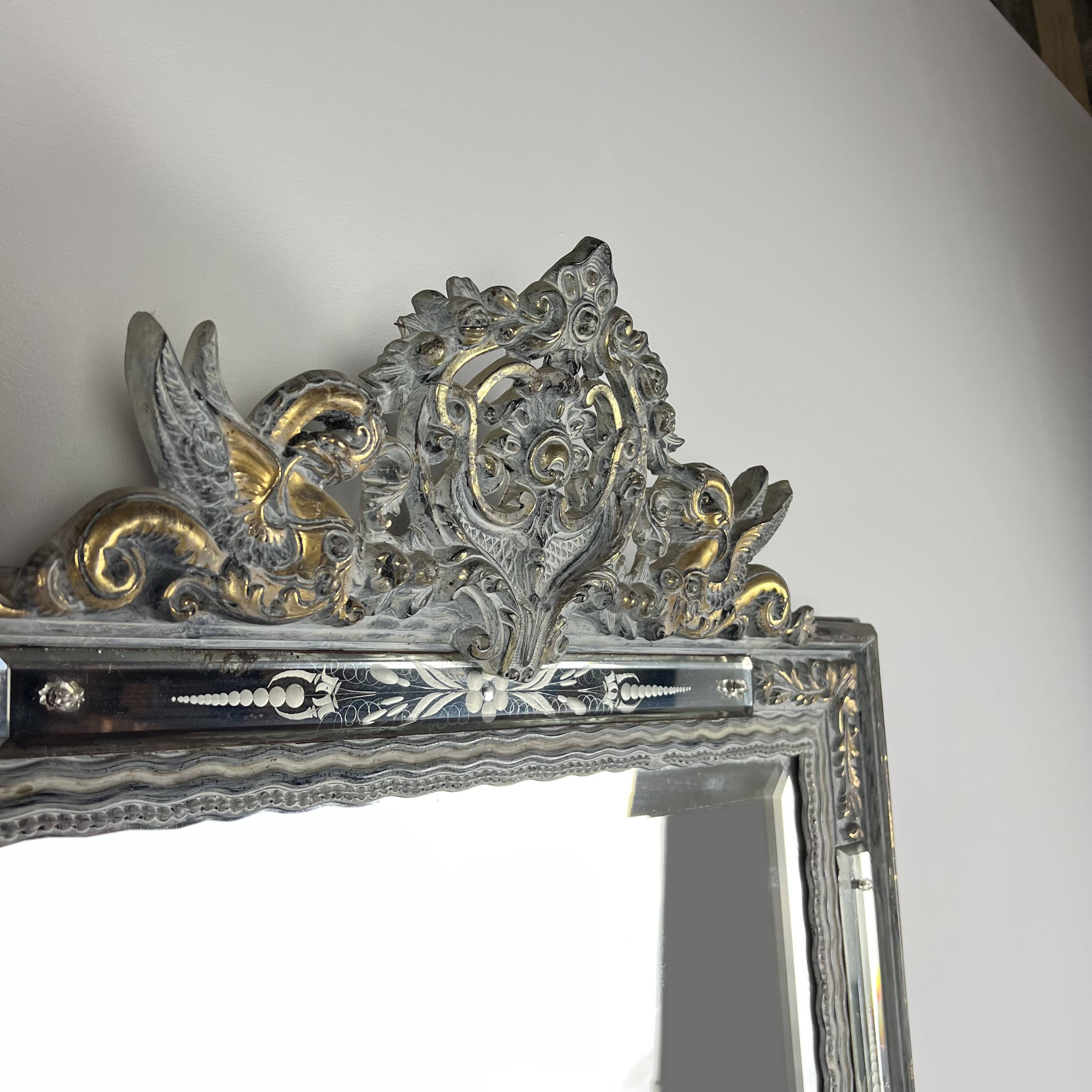 Grand miroir Venitien aux Cygnes, Glace Murano du XIXe siècle biseauté 133