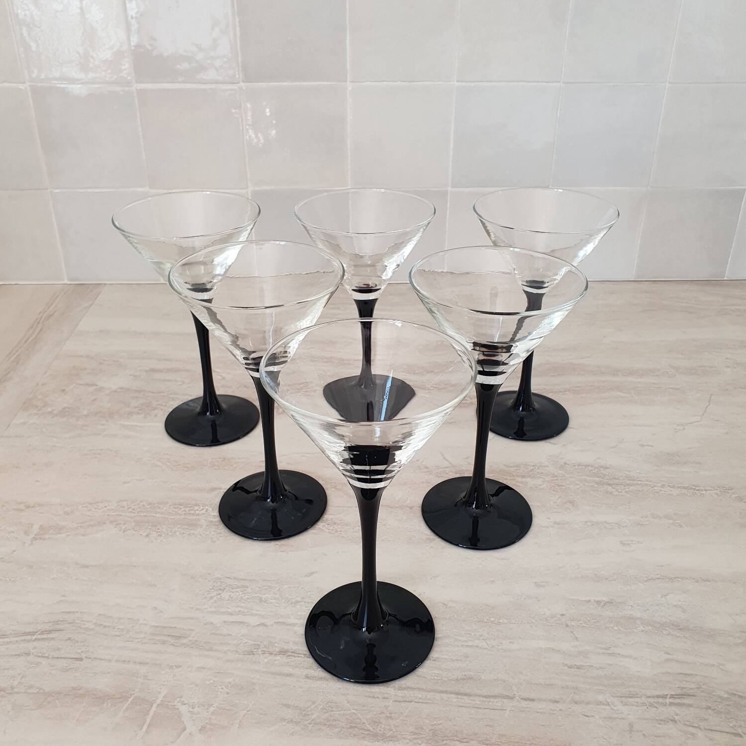 6 cocktail glasses / black stem martini glasses