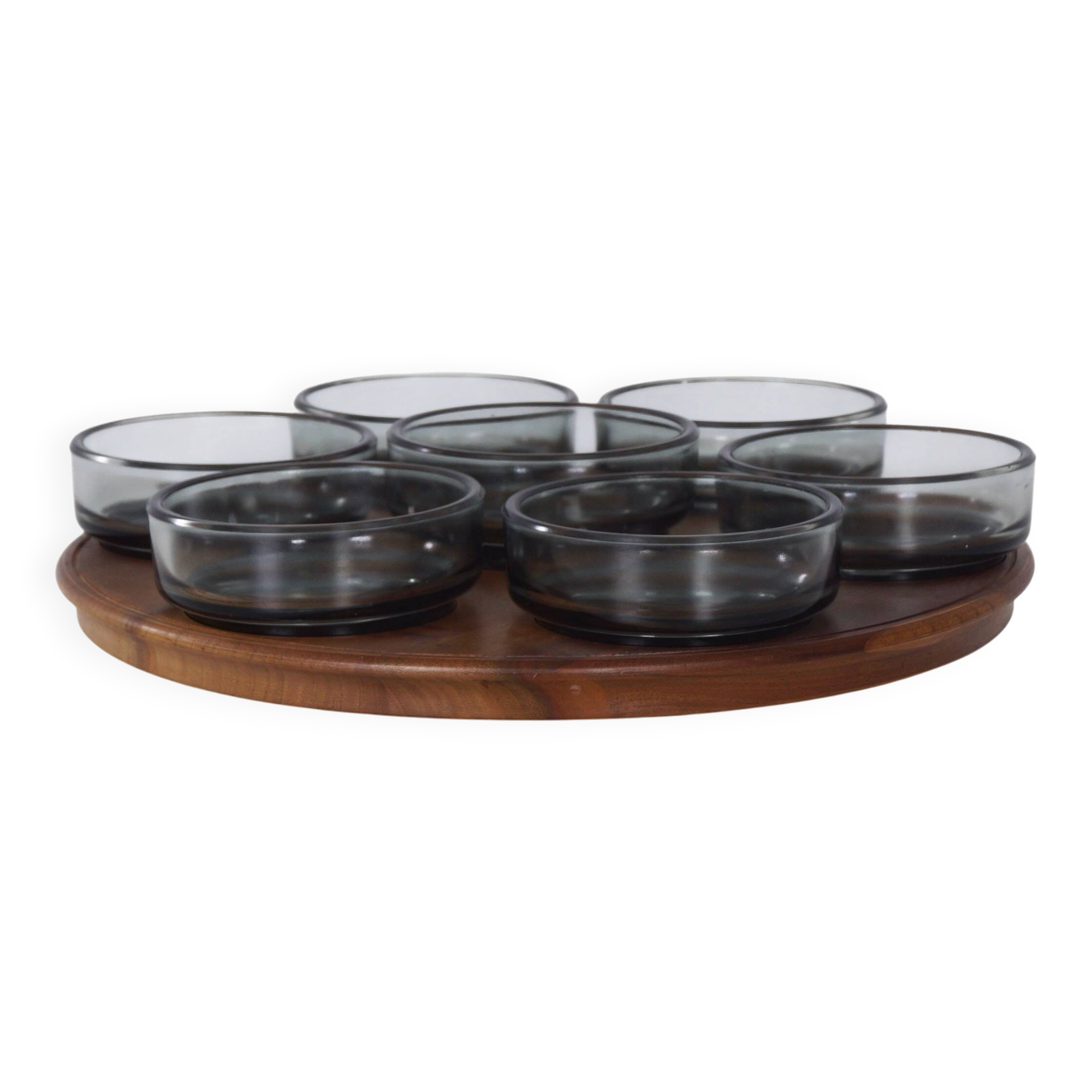 Vintage teak Lazy Susan with 7 glass bowls, 1960s