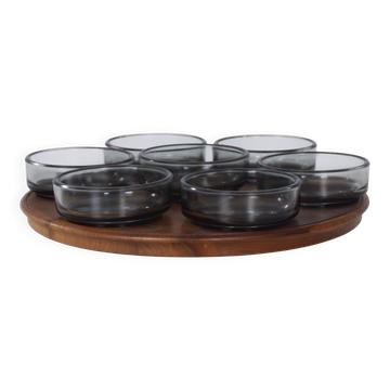 Vintage teak Lazy Susan with 7 glass bowls, 1960s