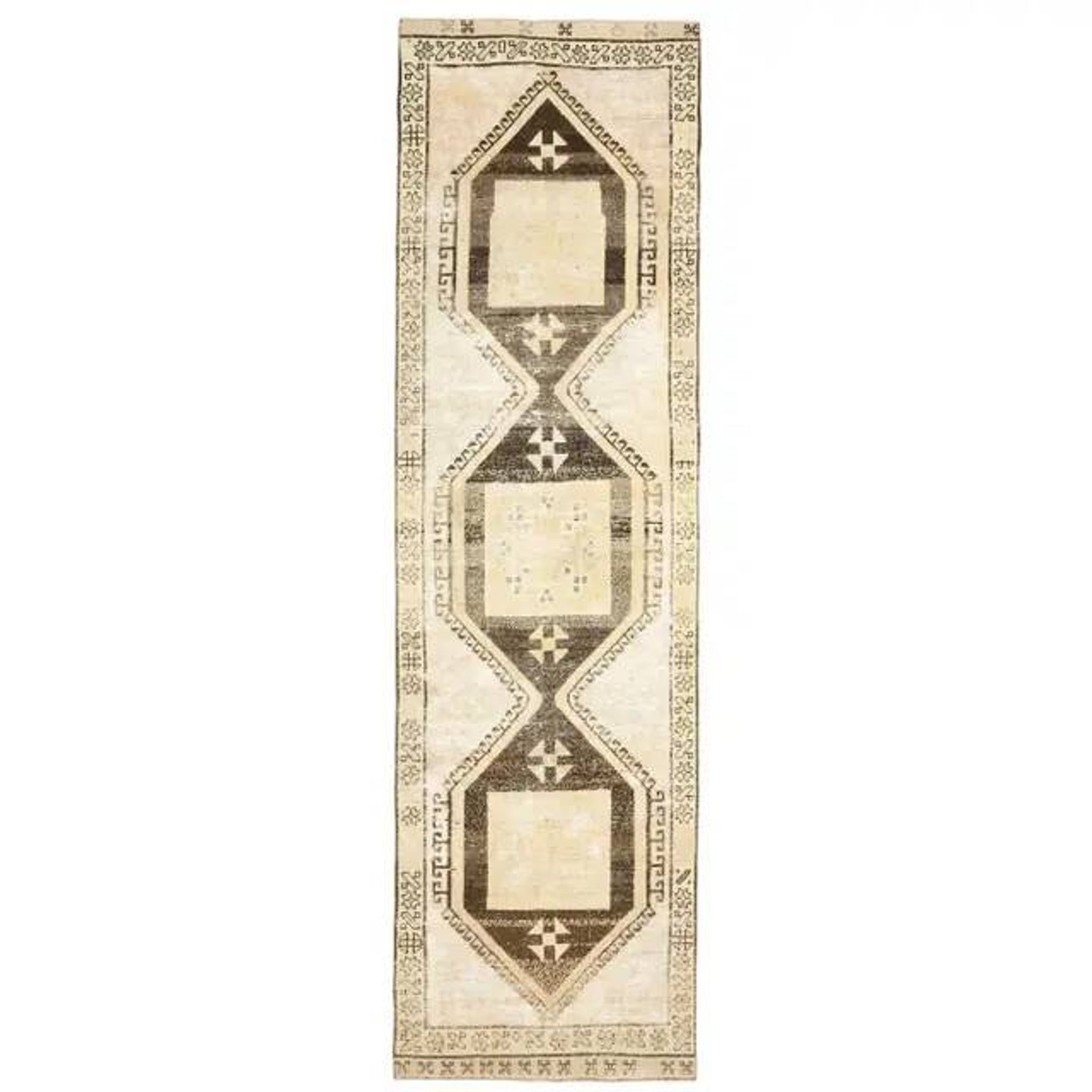 1970s Vintage Turkish Hand-Knotted Wool Cotton Beige Runner Rug  103x374
