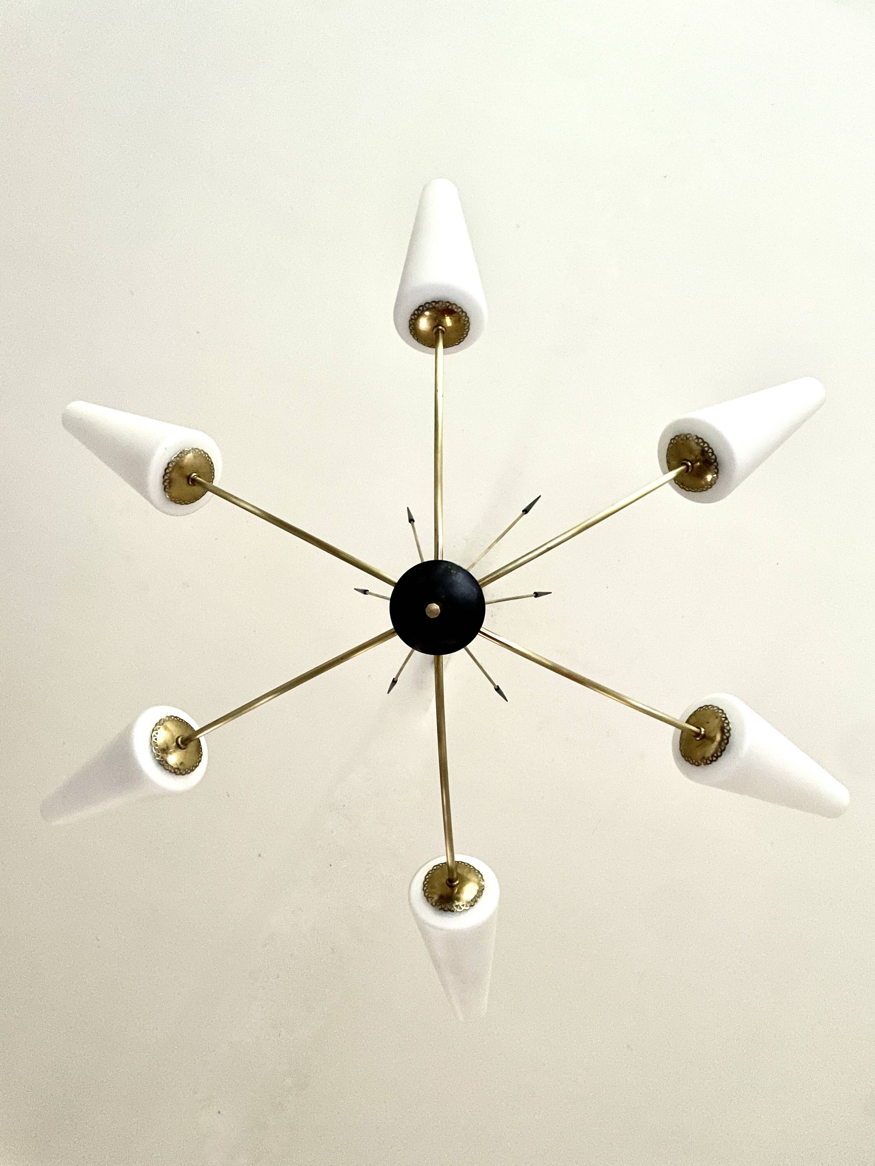 Large chandelier with 6 opaline tulip shades and 6 anthracite points, 1950
