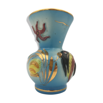 Monaco ceramic vase, marine decoration on blue background, signed and numbered - 1950s