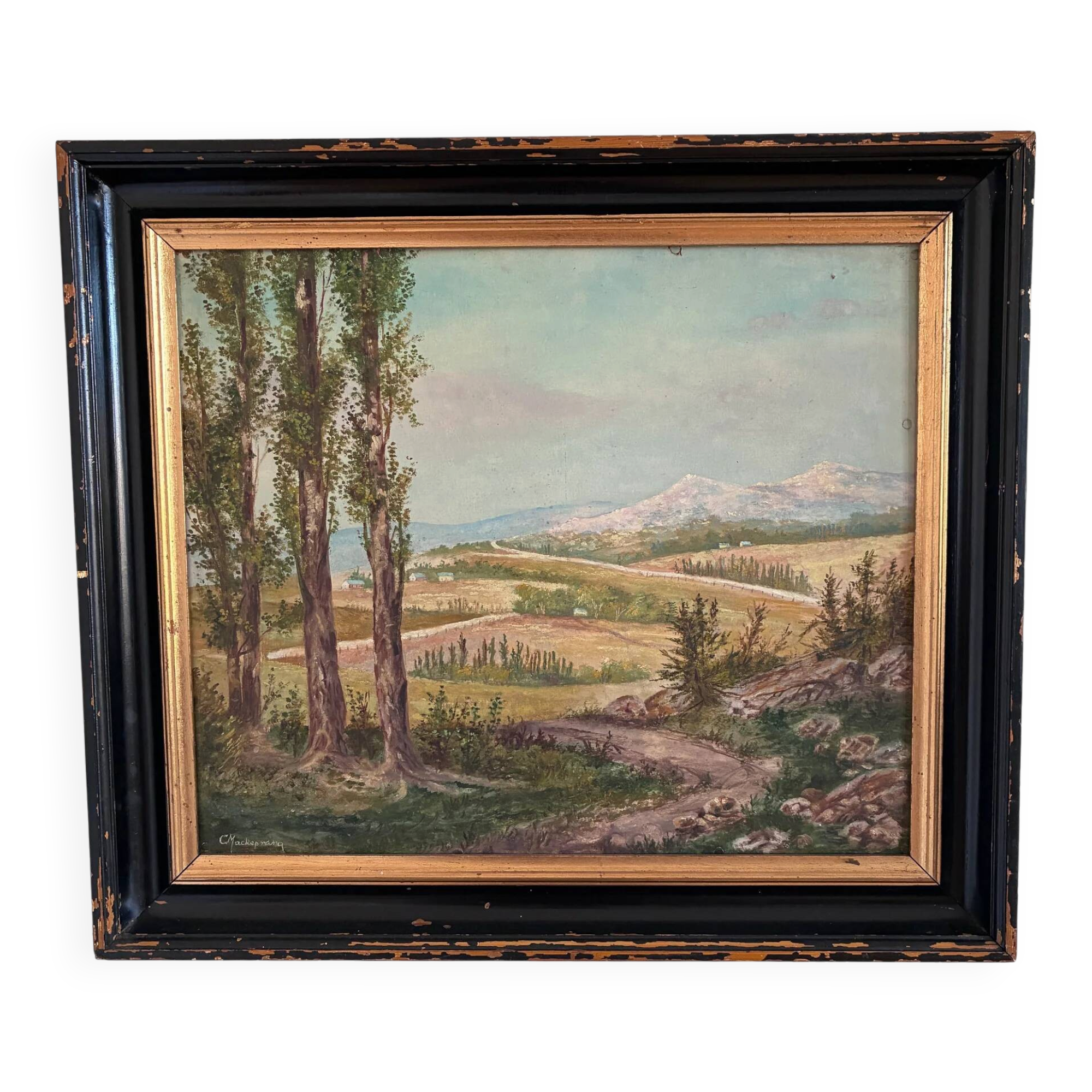 Vintage original landscape oil painting: Countryside nature wall art