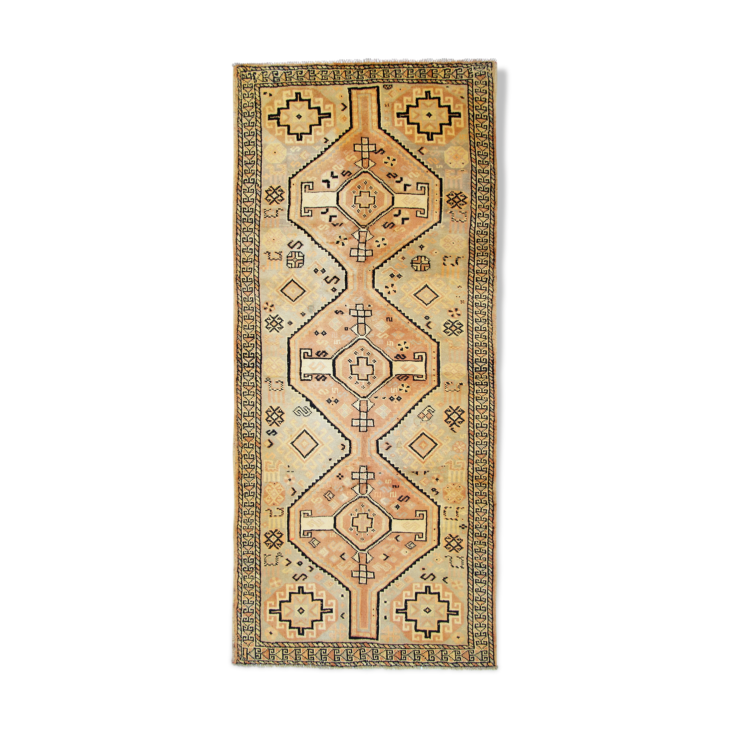 Persian Cream Tribal Runner Rug Handwoven Long Wool Carpet- 130x285cm