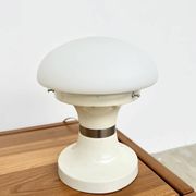 Pair of mushroom lamps — White opaline and lacquered metal — 1970s