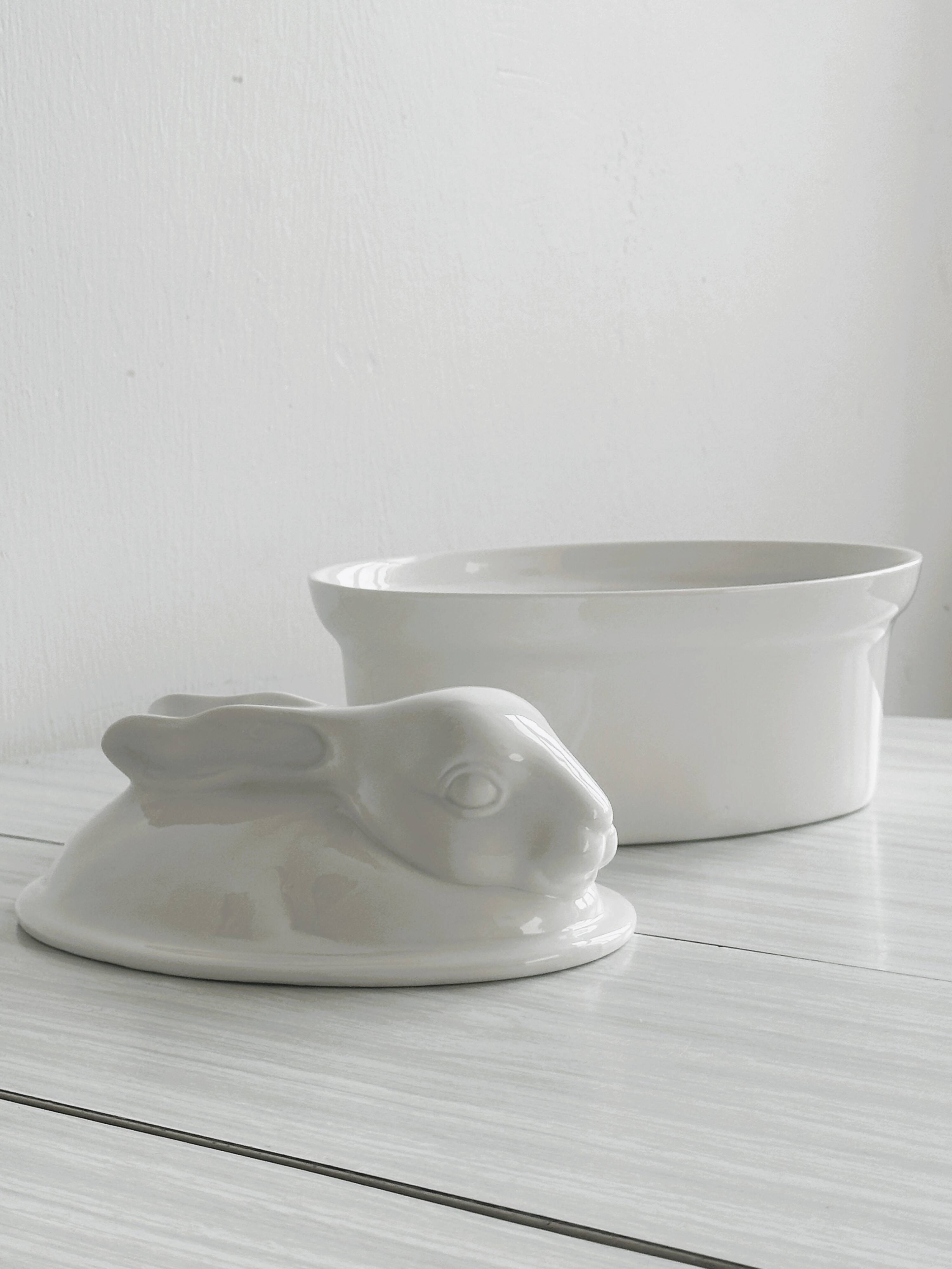 Large white porcelain rabbit terrine dish.