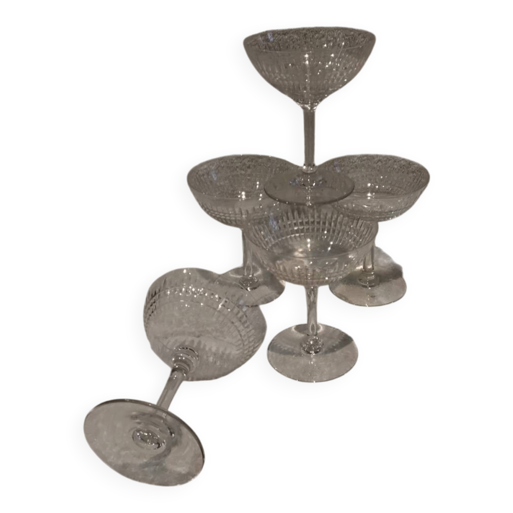 5 Baccarat crystal champagne glasses, Nancy model, before 1936